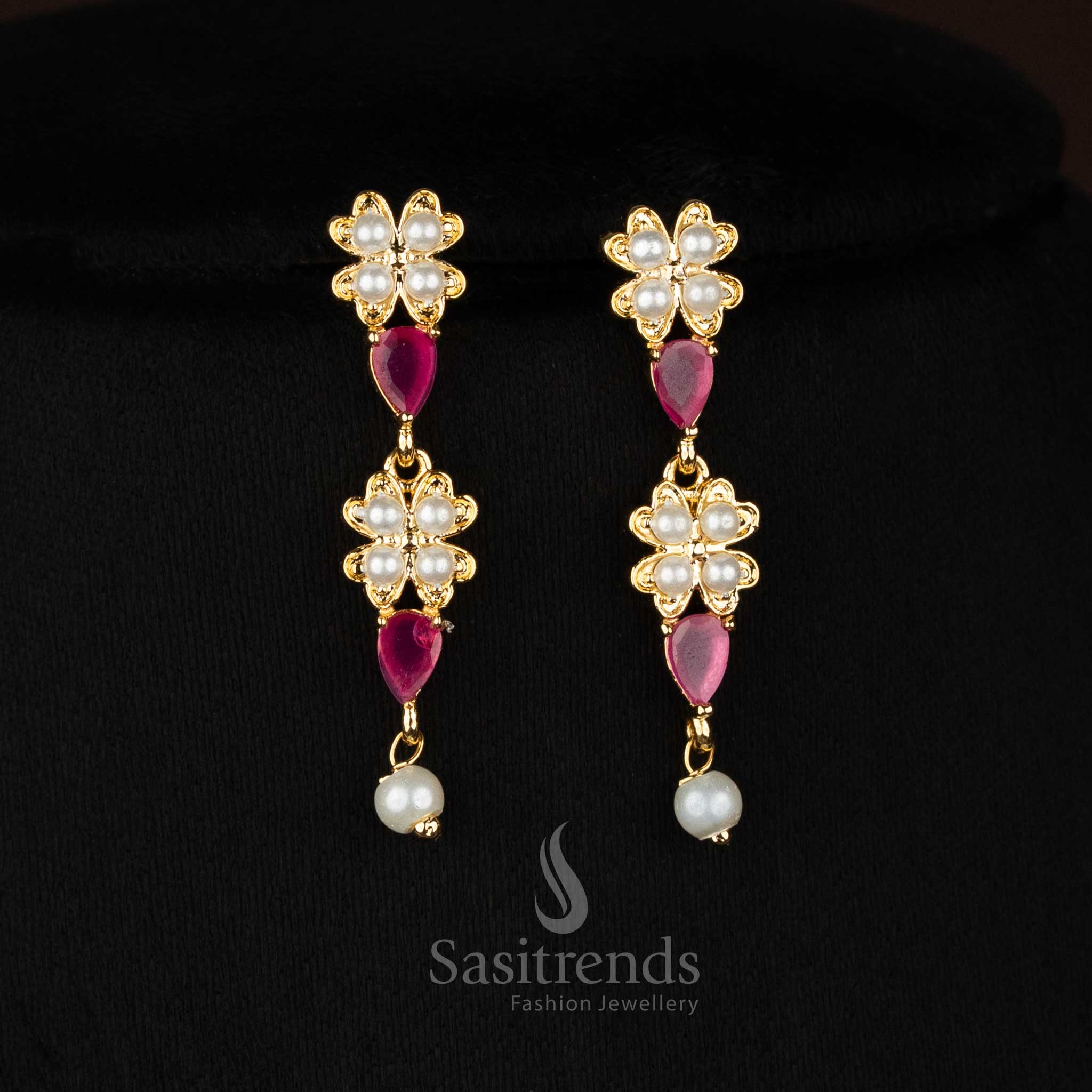 Elegant Micro Gold Plated American Diamond 4 Fringes Floral Teardrop Necklace Set with Pearl Drops for Festive Wear - Image 6