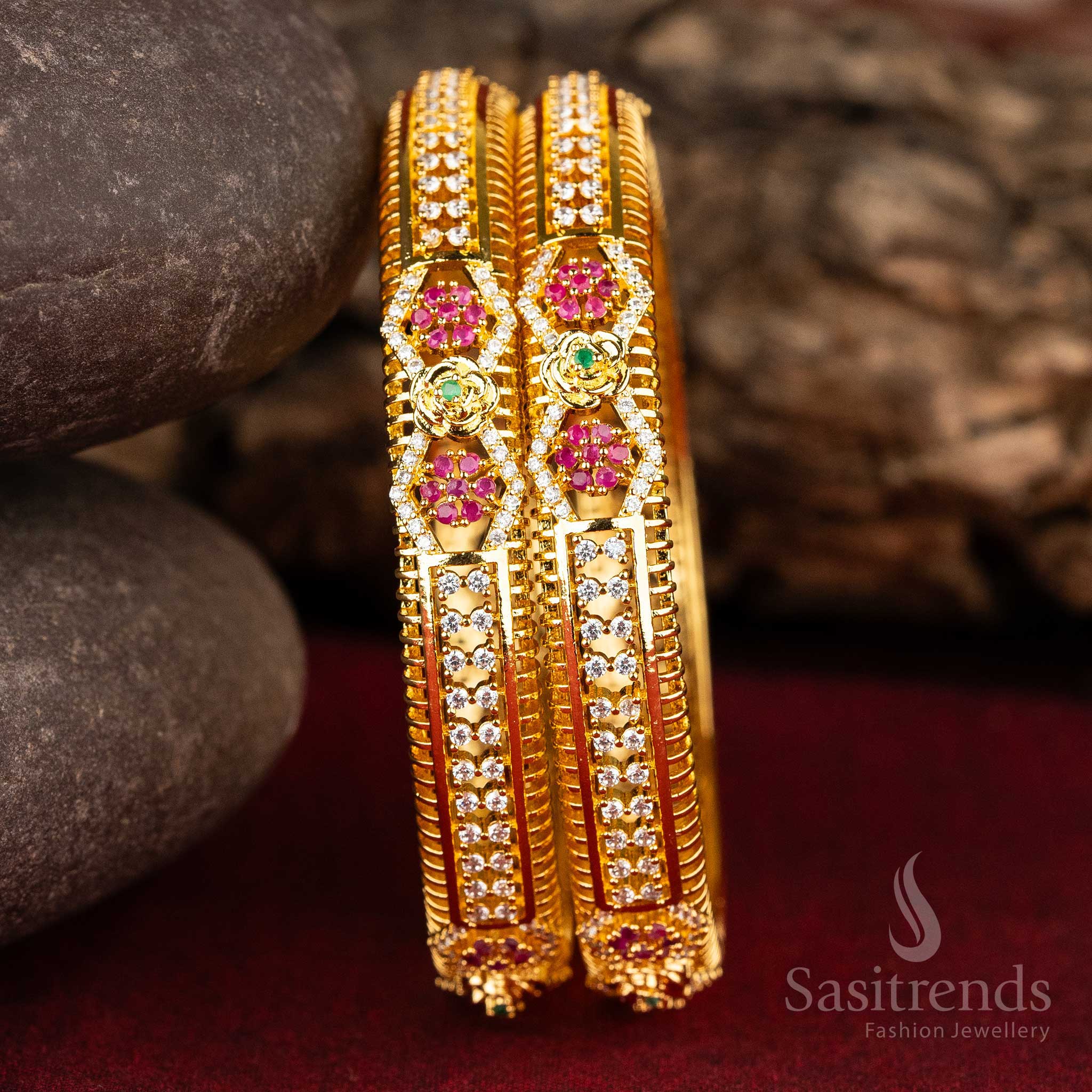 Sasitrends | Elegant Micro Gold-Plated American Diamond Bangles with Floral and Geometric Motifs