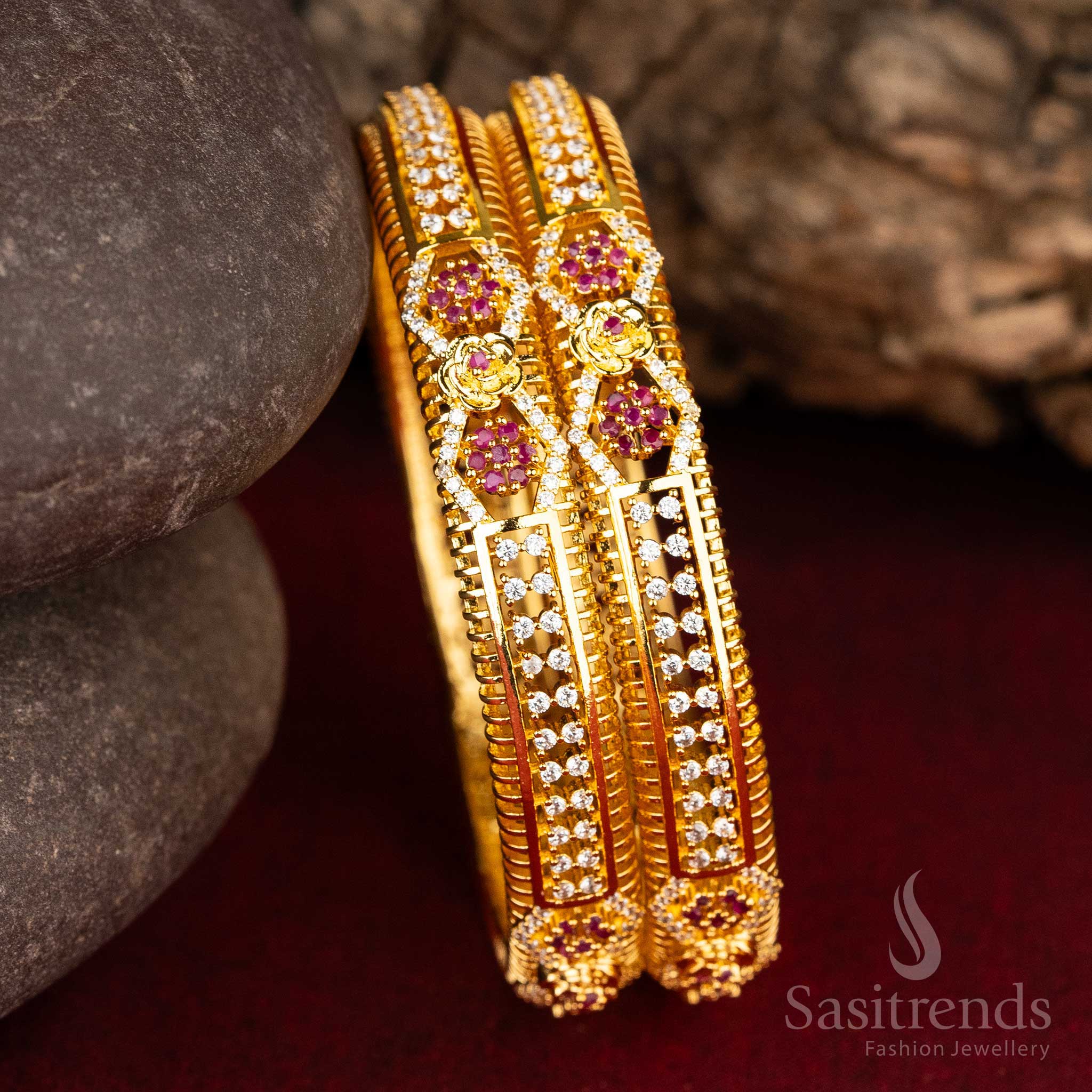 Sasitrends | Elegant Micro Gold-Plated American Diamond Bangles with Floral and Geometric Motifs - Image 2