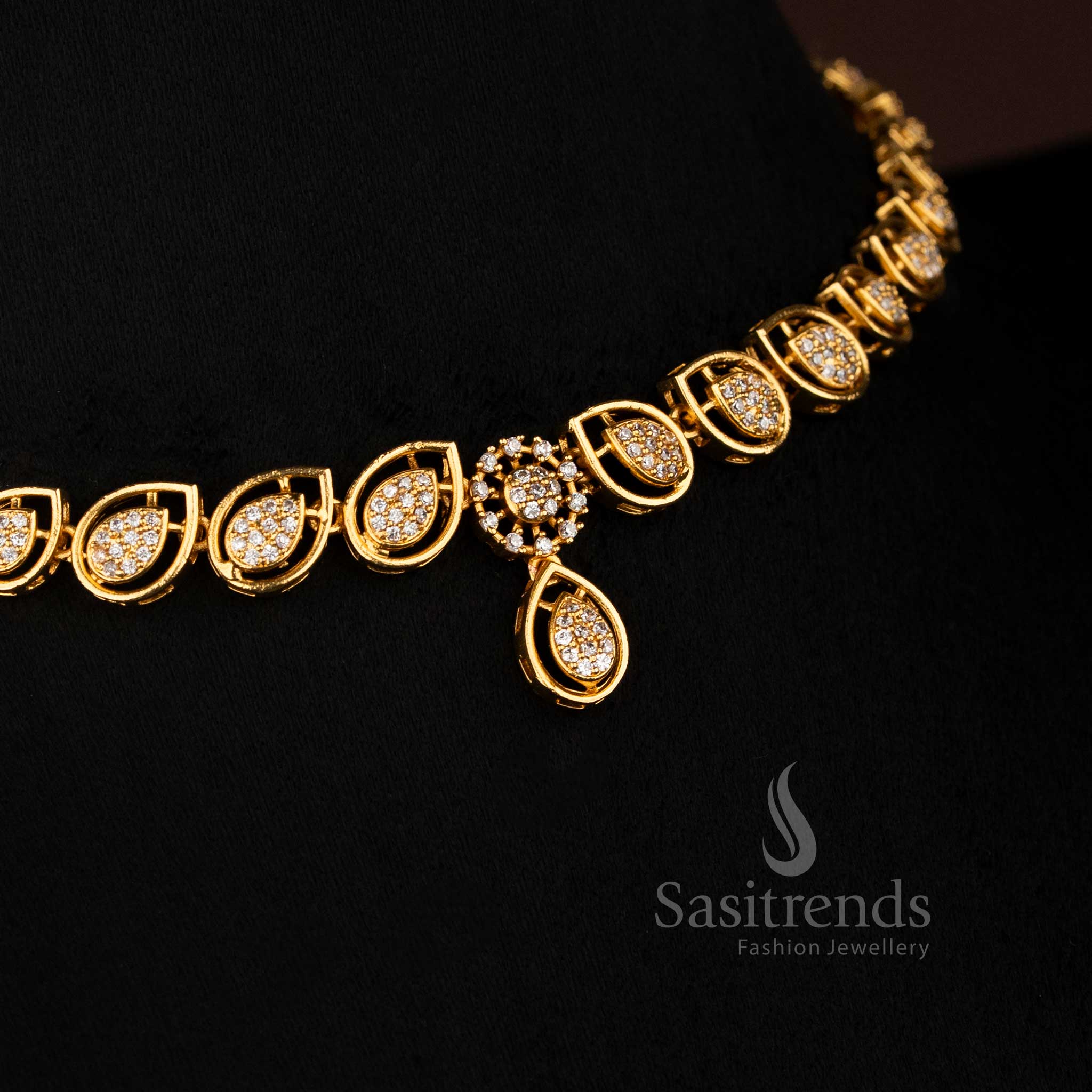 Attractive Micro Gold Plated American Diamond Teardrop Necklace Set for Weddings, Festivals, and Party Occasions - Image 2