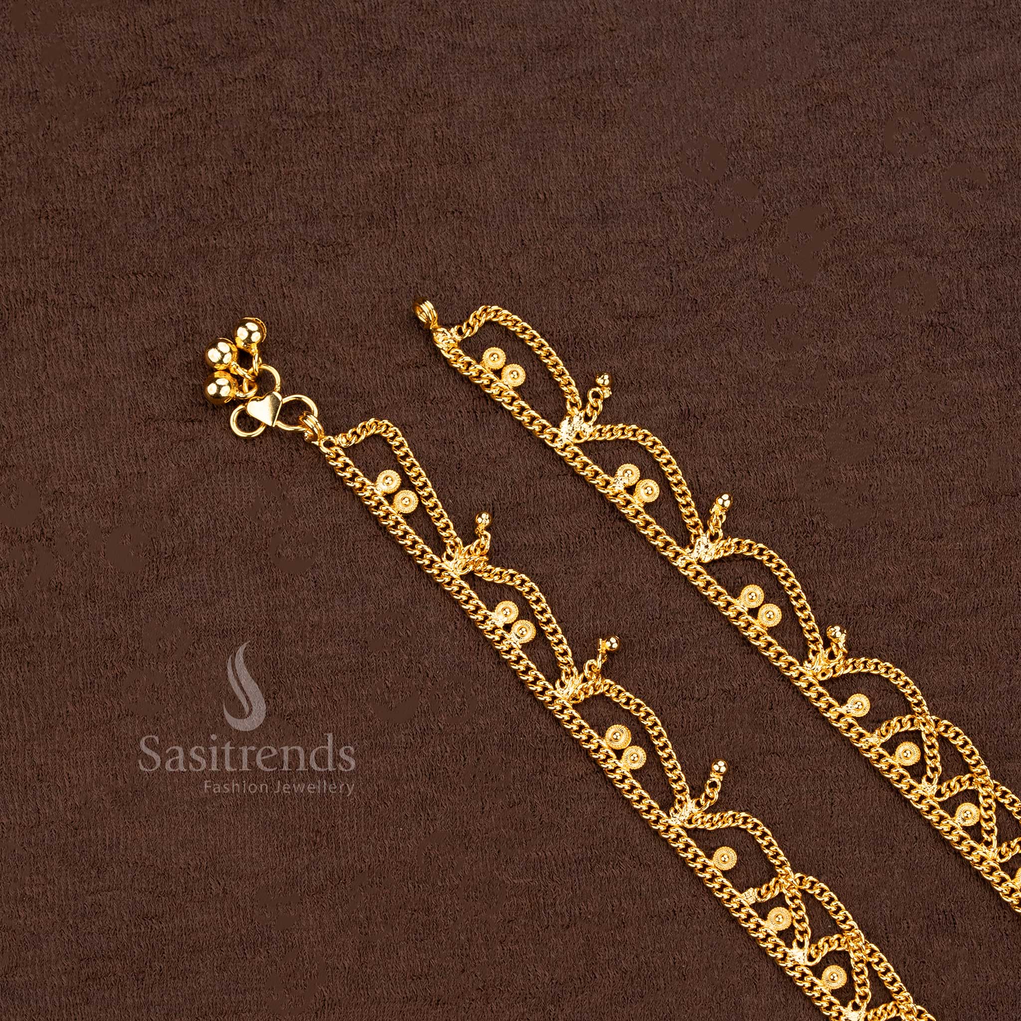 Attractive Micro Gold Plated Double Layered Chain Design Payal with Hanging Coin Motifs – Traditional Wedding Anklet Set - Sasitrends - Image 2
