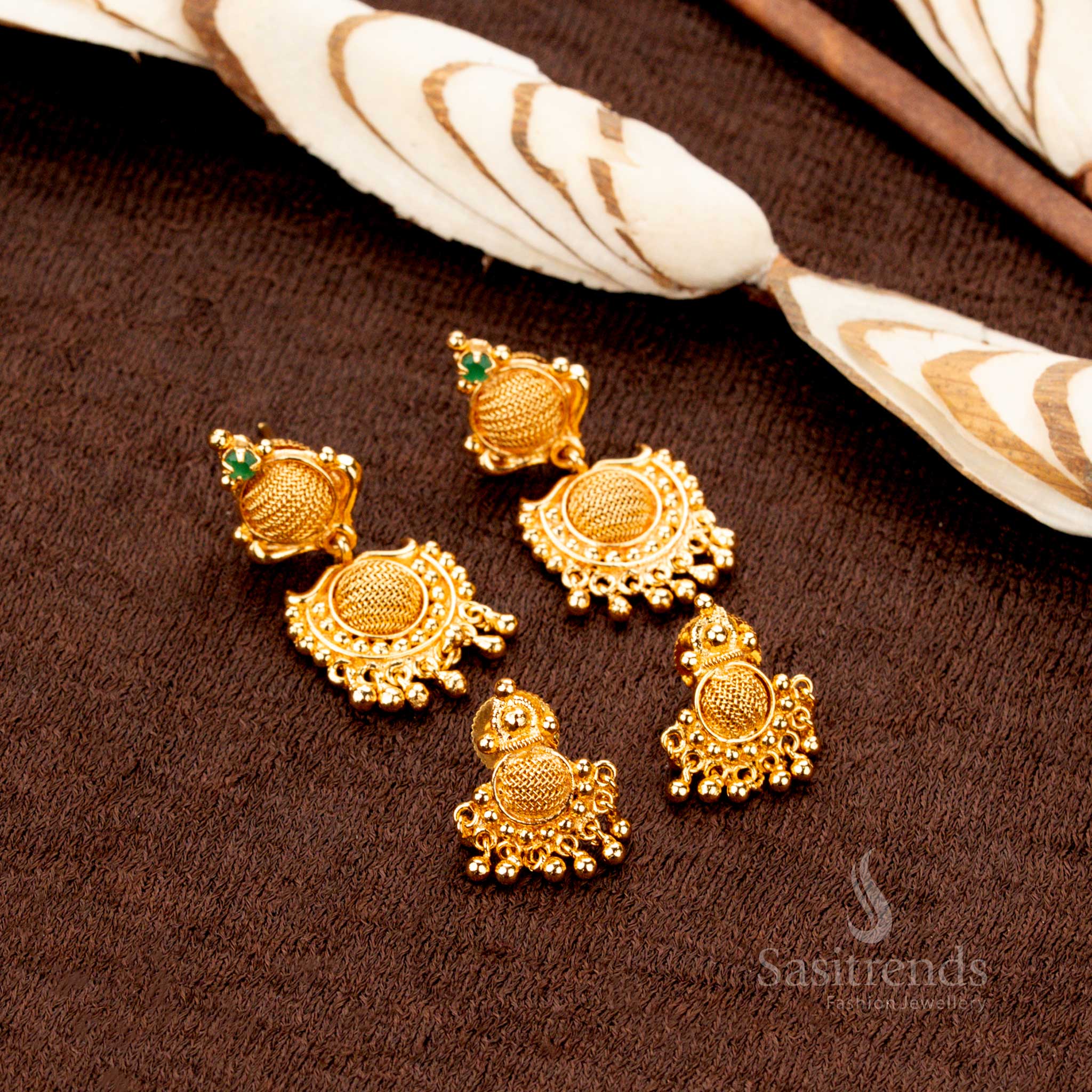 Sasitrends | Elegant Crescent Drop and Round Mesh Earrings Combo - One Gram Micro Gold Plated - Image 5