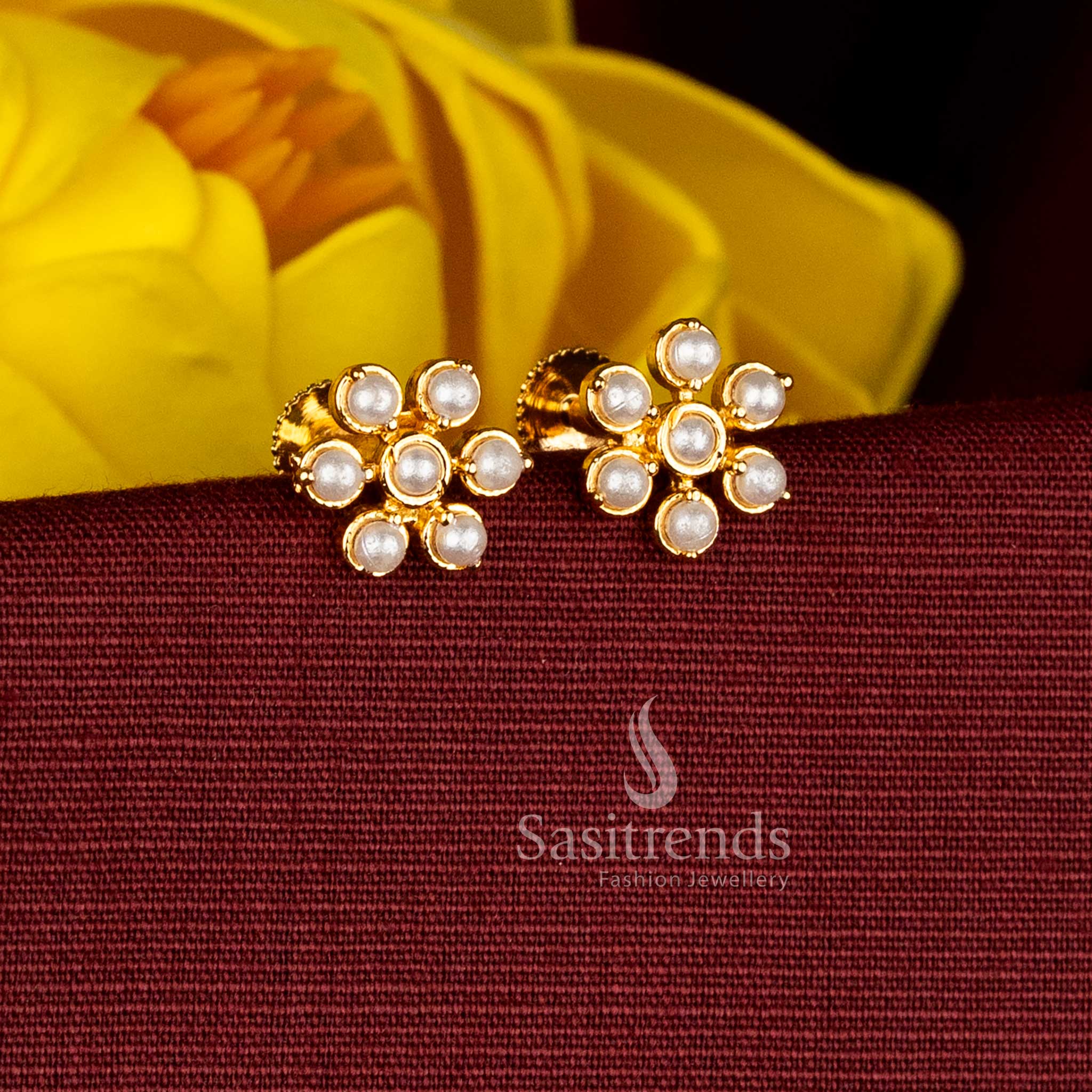 Elegant Micro Gold Plated Floral Round Pearl Pavalam and AD Stud Earrings | One Gram Jewellery