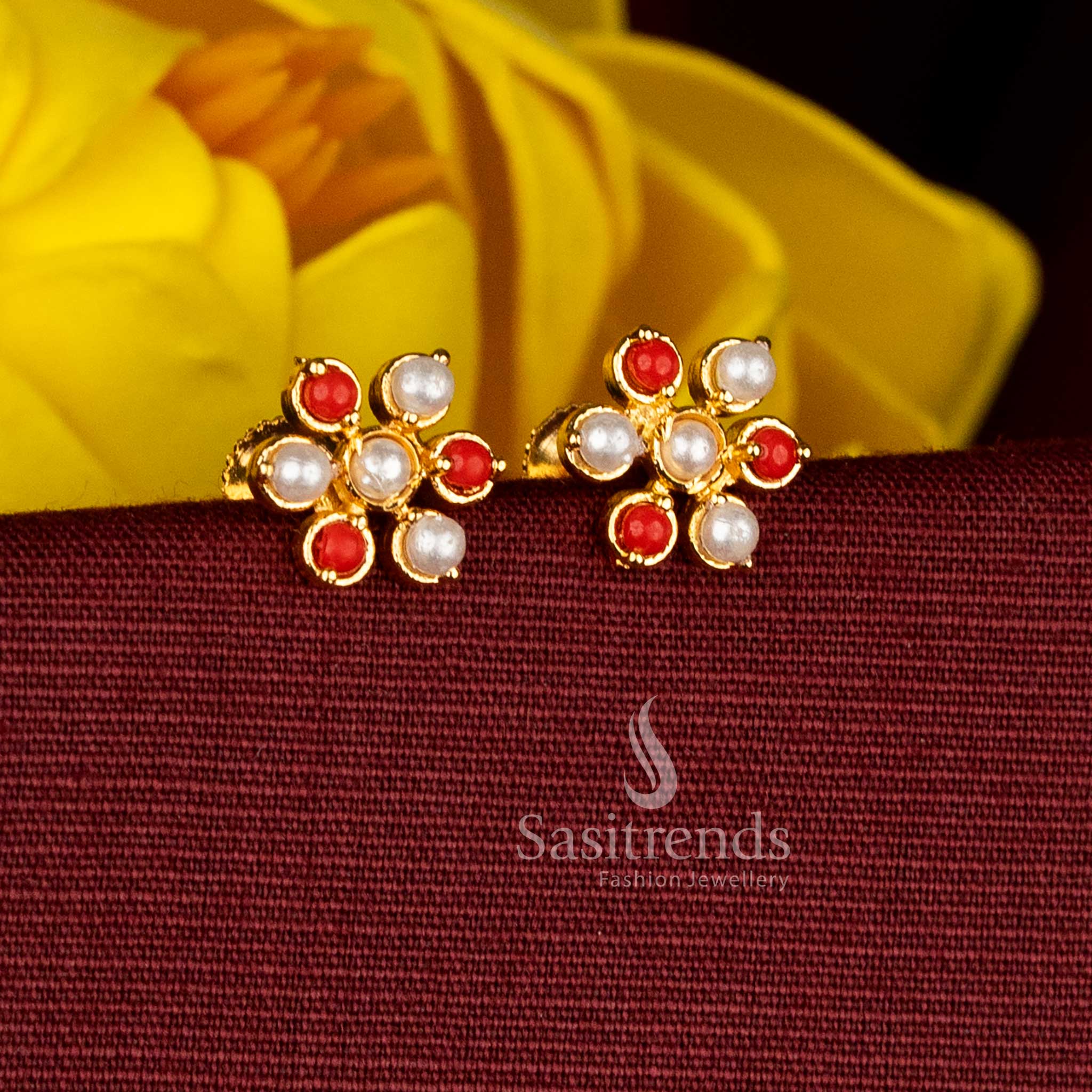 Elegant Micro Gold Plated Floral Round Pearl Pavalam and AD Stud Earrings | One Gram Jewellery - Image 2