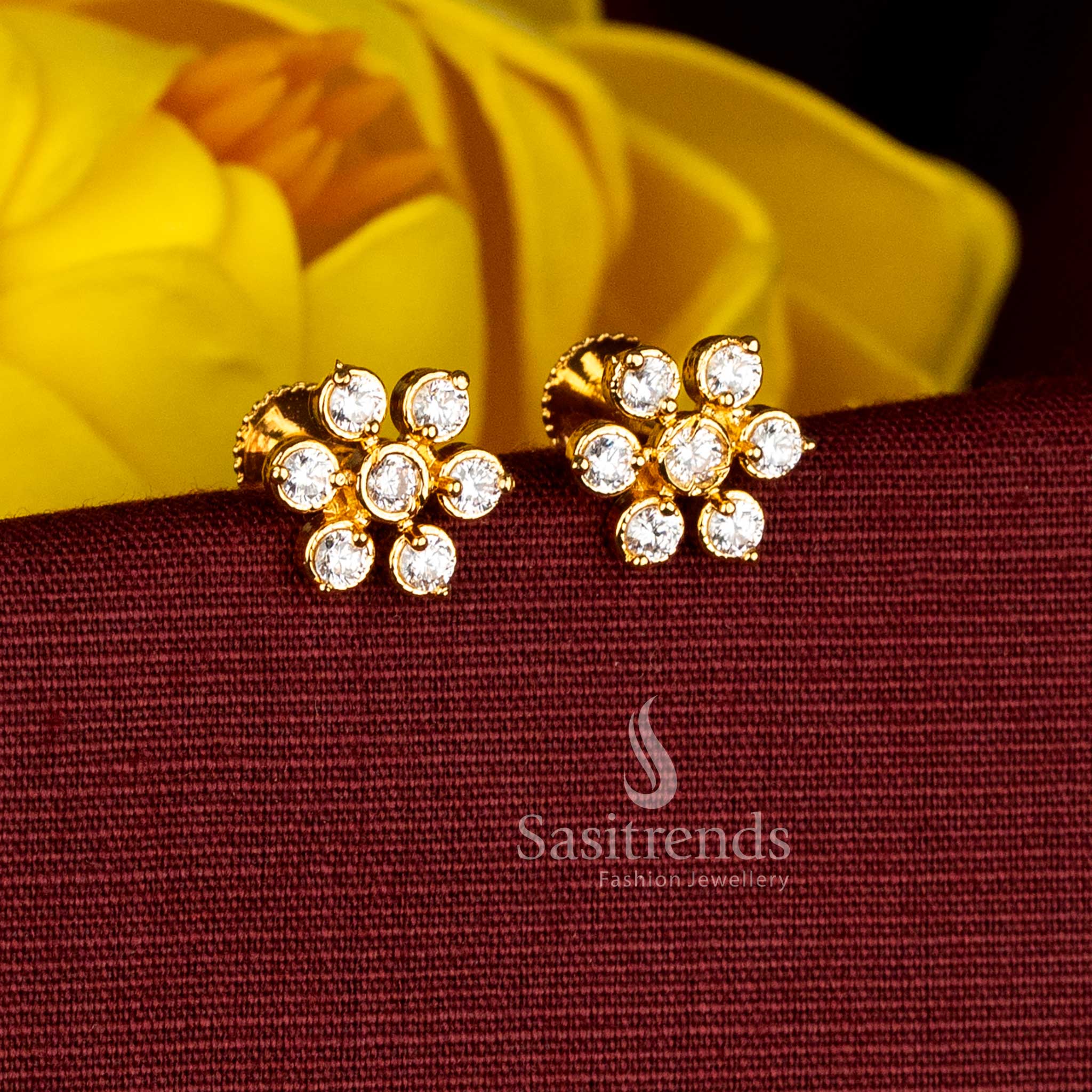 Elegant Micro Gold Plated Floral Round Pearl Pavalam and AD Stud Earrings | One Gram Jewellery - Image 4