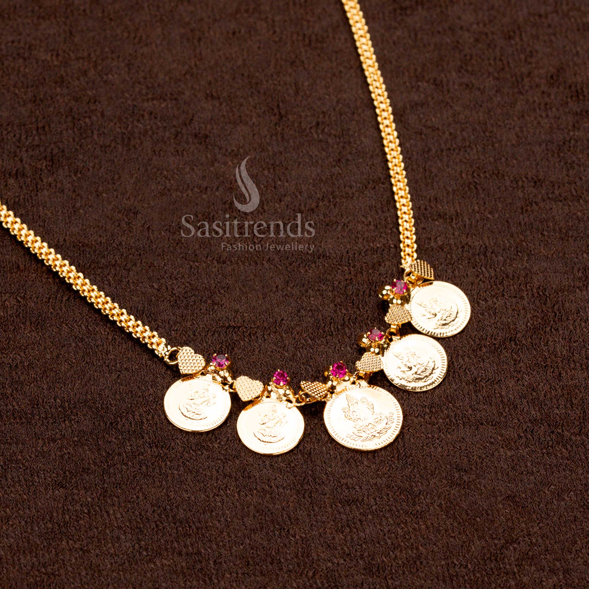 Traditional Micro Gold Plated Lakshmi Coin Necklace Jewellery Set Central Large Coin with Two Medium Side Coins - Sasitrends - Image 3