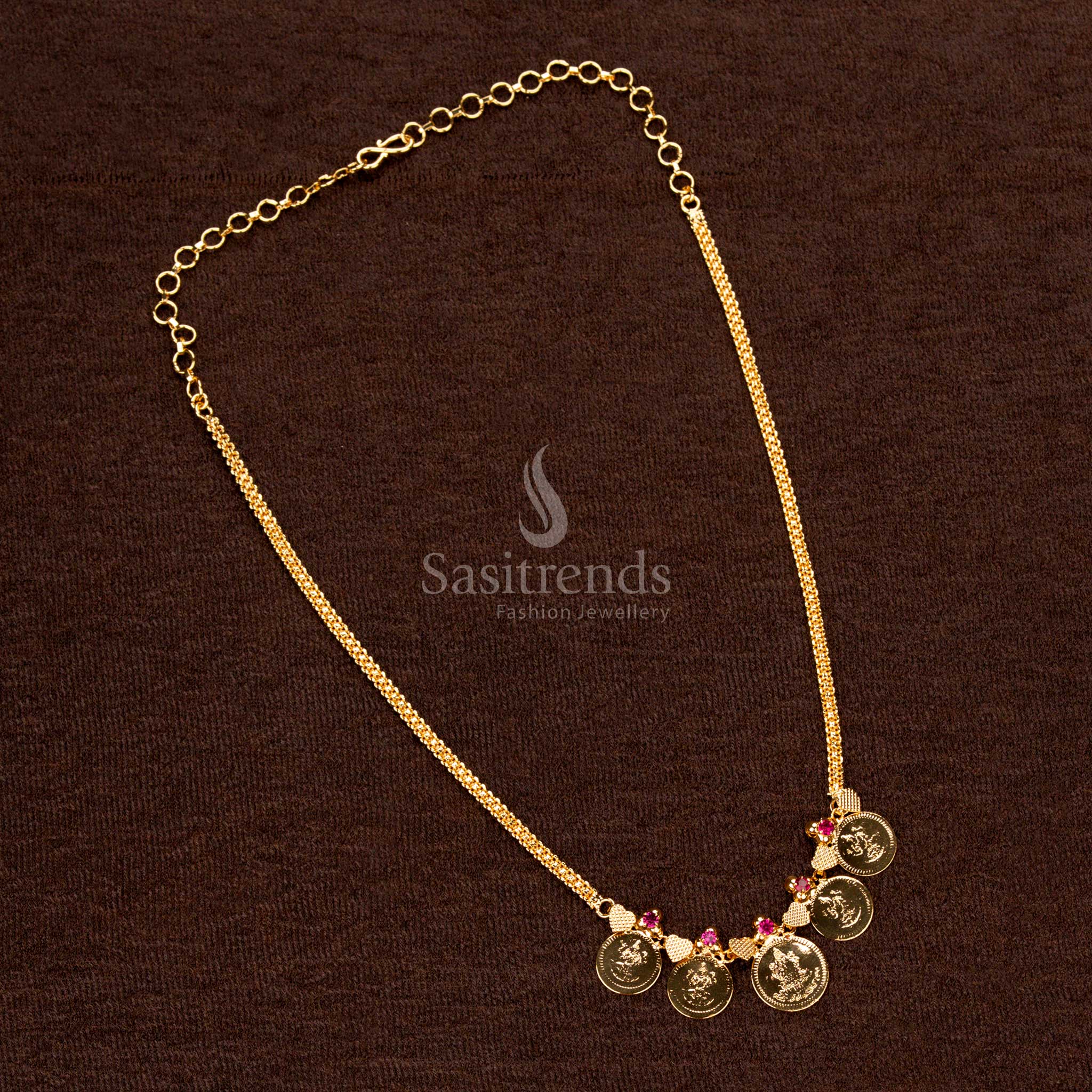 Traditional Micro Gold Plated Lakshmi Coin Necklace Jewellery Set Central Large Coin with Two Medium Side Coins - Sasitrends - Image 4