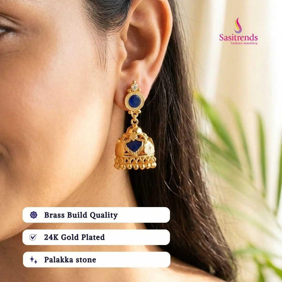 Sasitrends | Traditional Micro Gold Plated Palakka Jhumka Earrings - Real Gold Look, Screw Type - Image 3