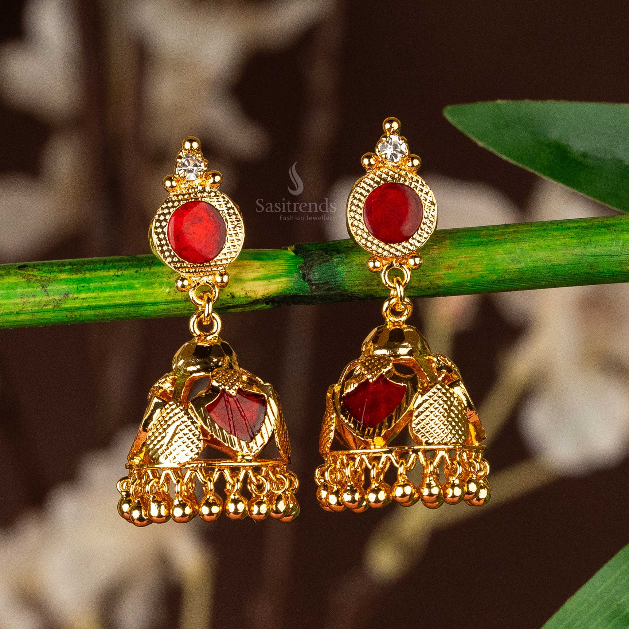 Sasitrends | Traditional Micro Gold Plated Palakka Jhumka Earrings - Real Gold Look, Screw Type - Image 4