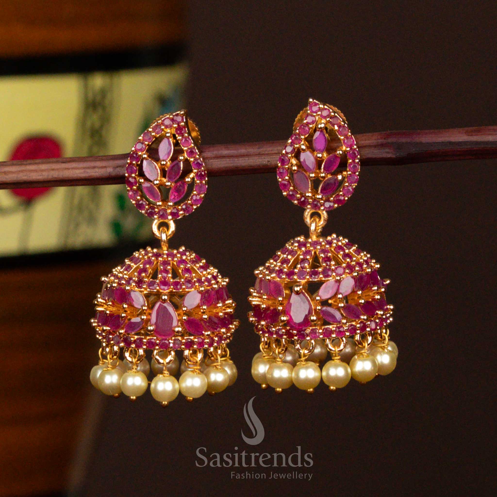 Wonderful Micro Gold Plated Jhumka Earrings - Intricate Leaf Design Structure with Pearls - Sasitrends - Image 4