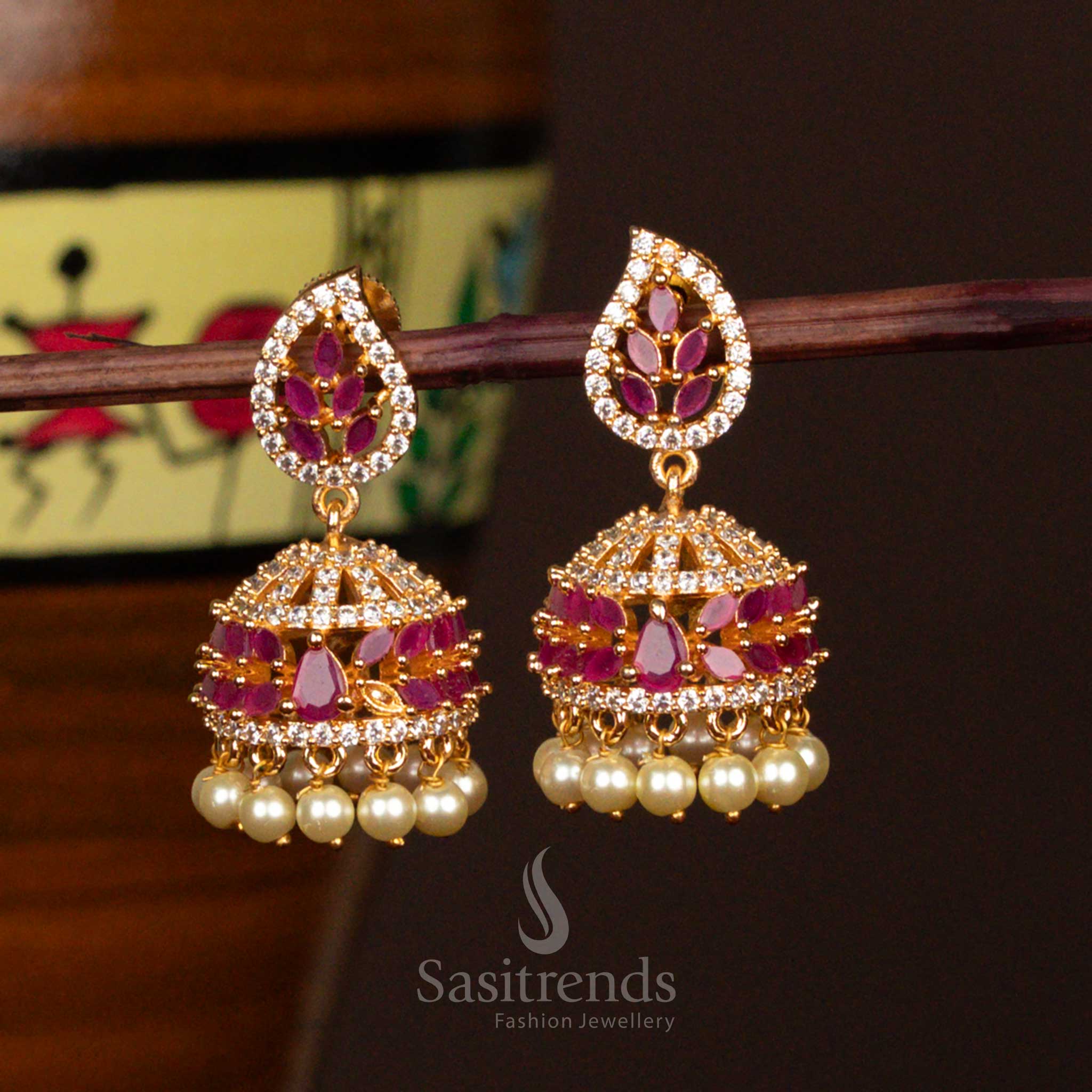 Wonderful Micro Gold Plated Jhumka Earrings - Intricate Leaf Design Structure with Pearls - Sasitrends - Image 5