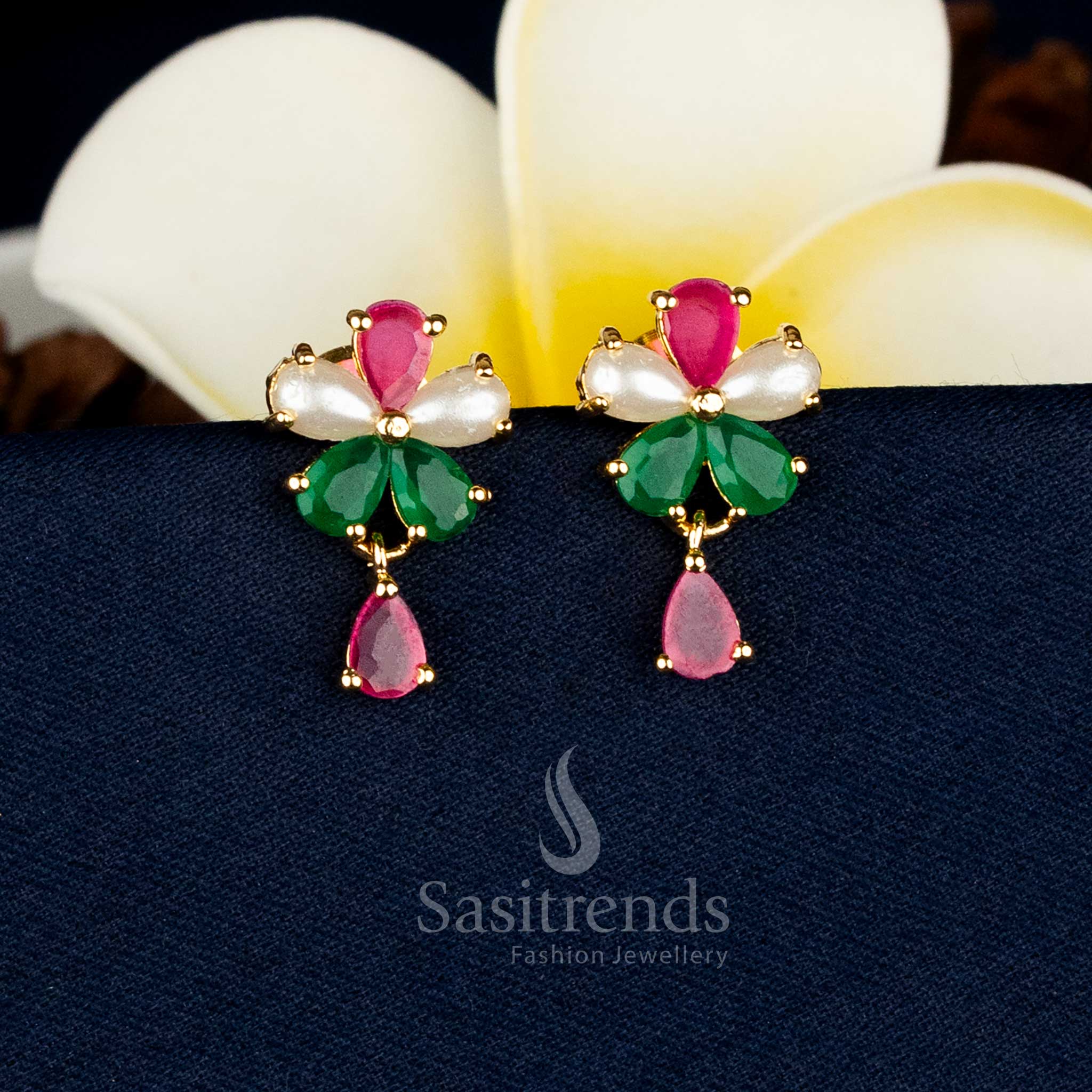 Elegant Micro Gold Plated Teardrop Floral AD Stone Stud Earrings with Pearls for Festive and Family Occasions