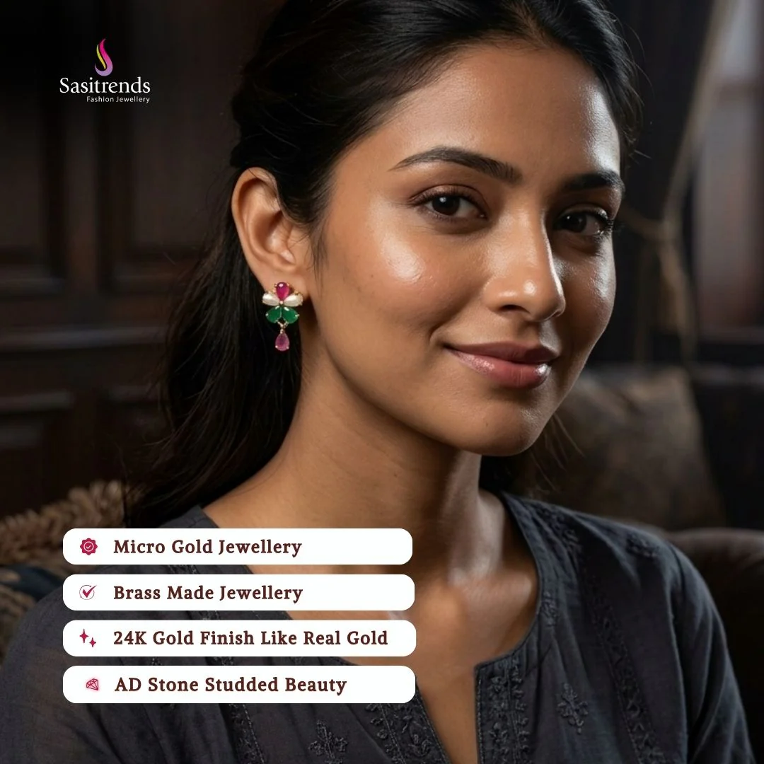 Elegant Micro Gold Plated Teardrop Floral AD Stone Stud Earrings with Pearls for Festive and Family Occasions - Image 3