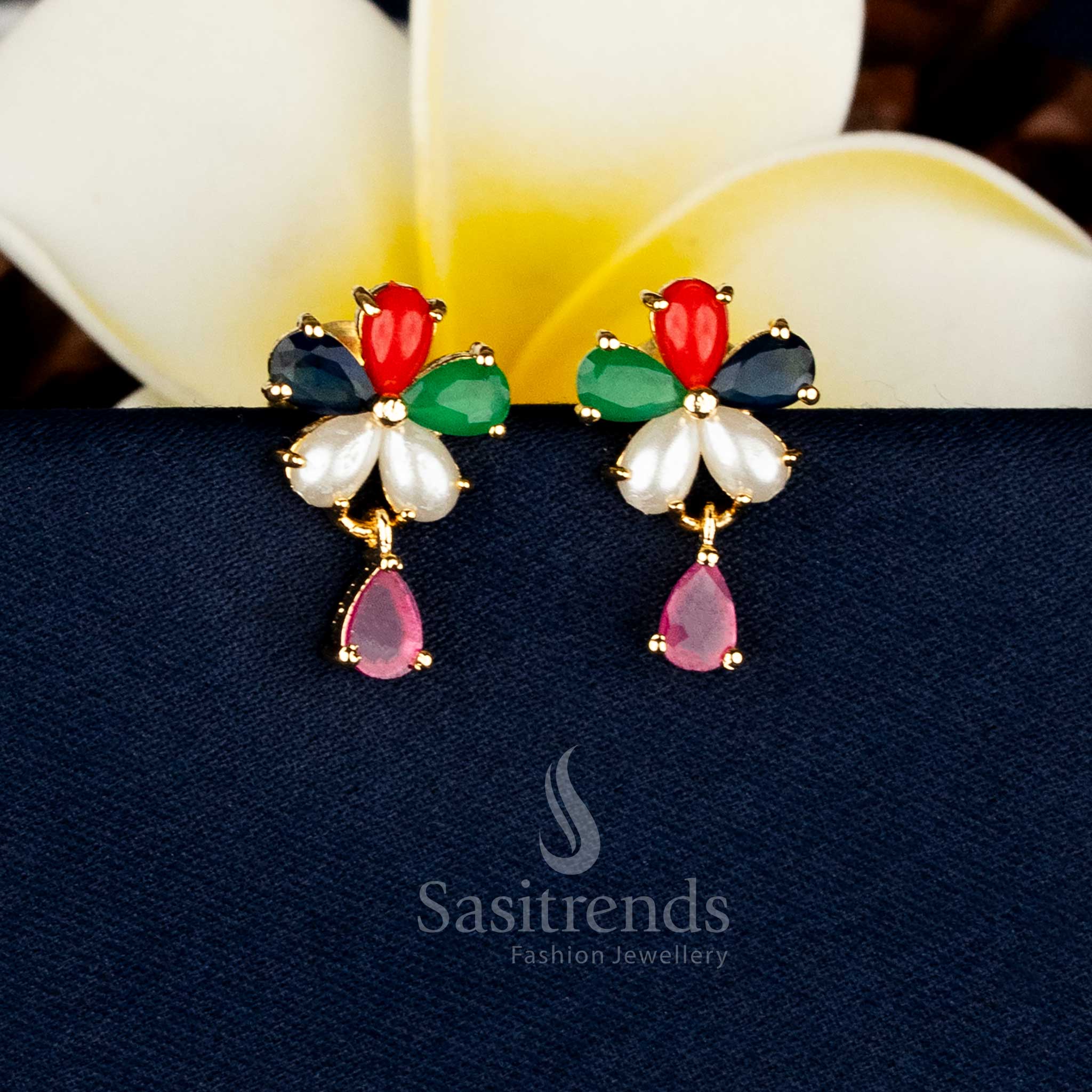 Elegant Micro Gold Plated Teardrop Floral AD Stone Stud Earrings with Pearls for Festive and Family Occasions - Image 6