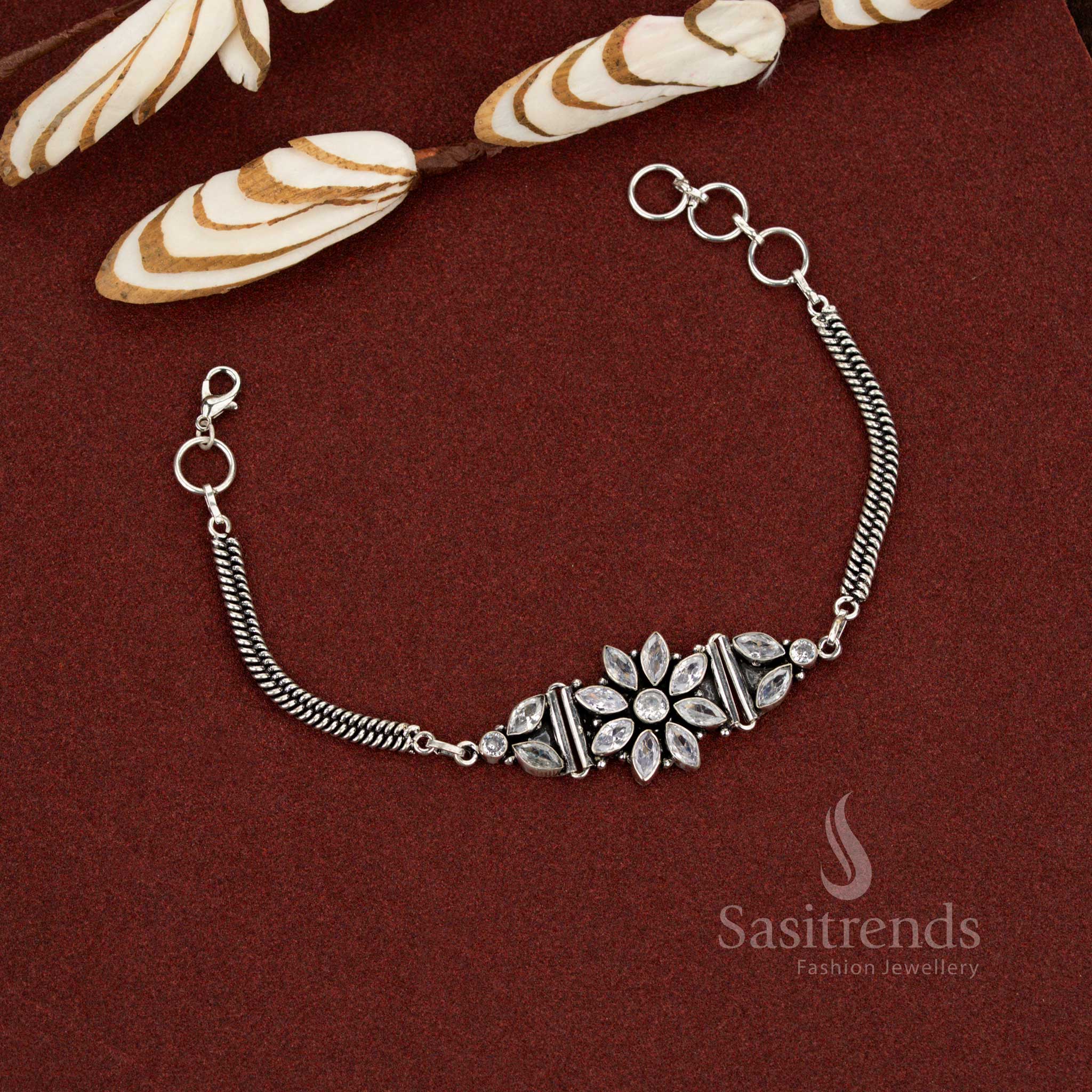 Elegant Oxidised Floral Chain AD Stone Bracelet for Casual & Office Wear