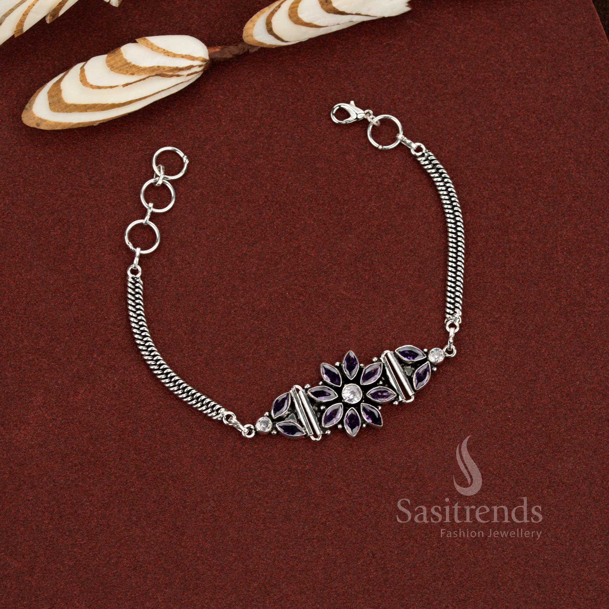 Elegant Oxidised Floral Chain AD Stone Bracelet for Casual & Office Wear - Image 3