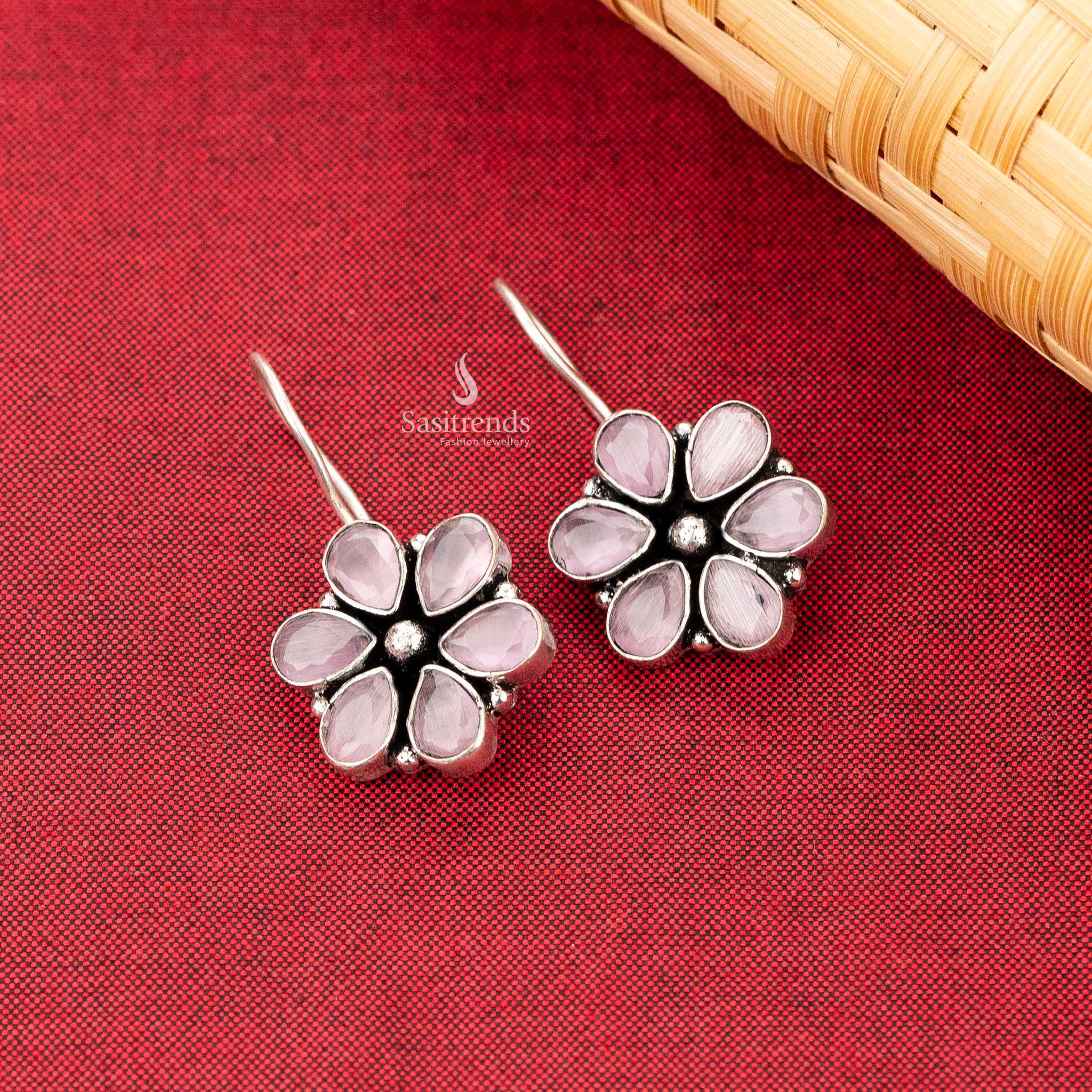 Sasitrends - Floral Oxidised Earrings with Natural Stones - Elegant Drop Design - Image 12