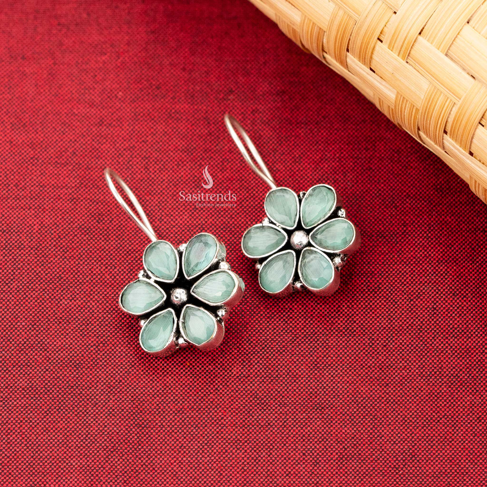 Sasitrends - Floral Oxidised Earrings with Natural Stones - Elegant Drop Design - Image 3