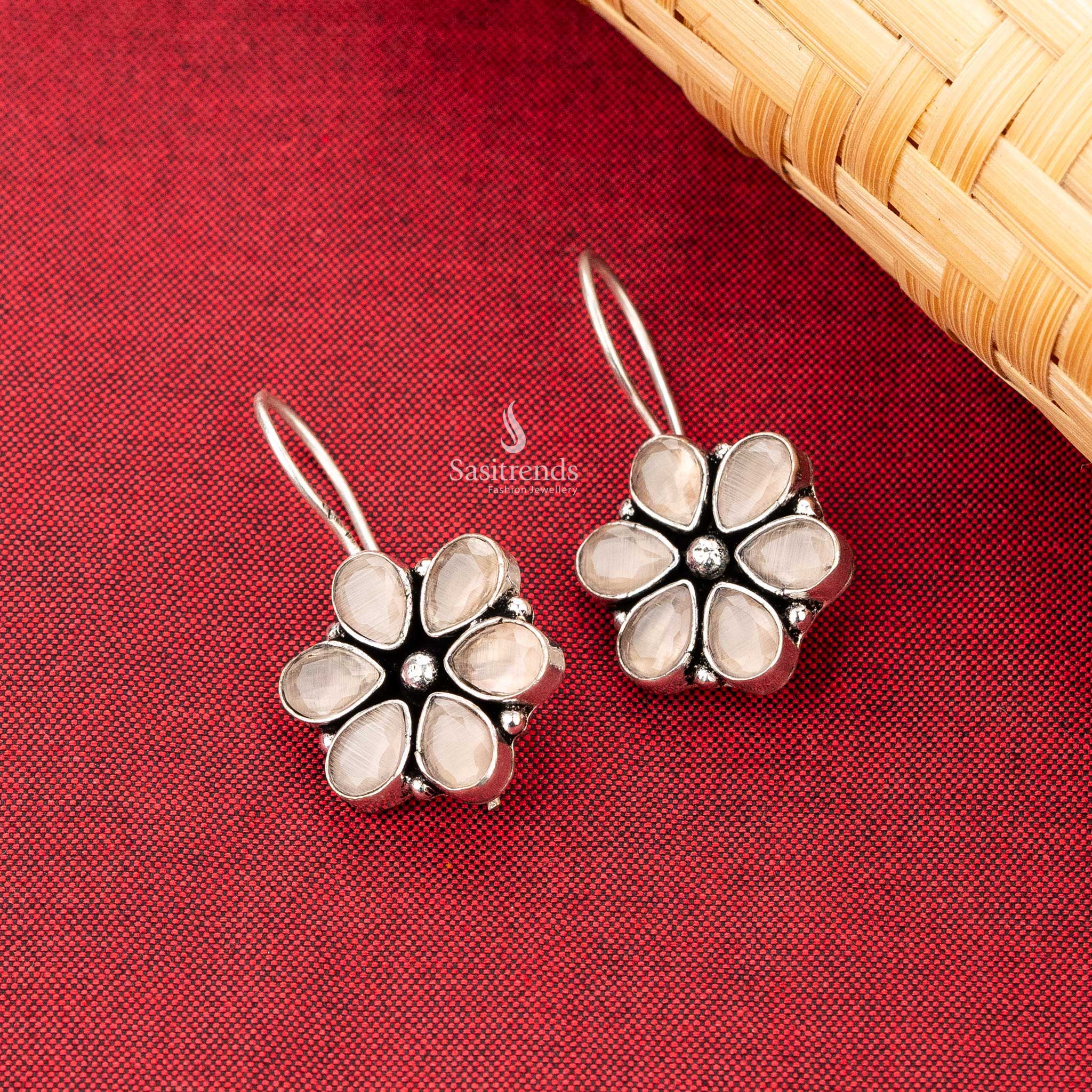 Sasitrends - Floral Oxidised Earrings with Natural Stones - Elegant Drop Design - Image 6
