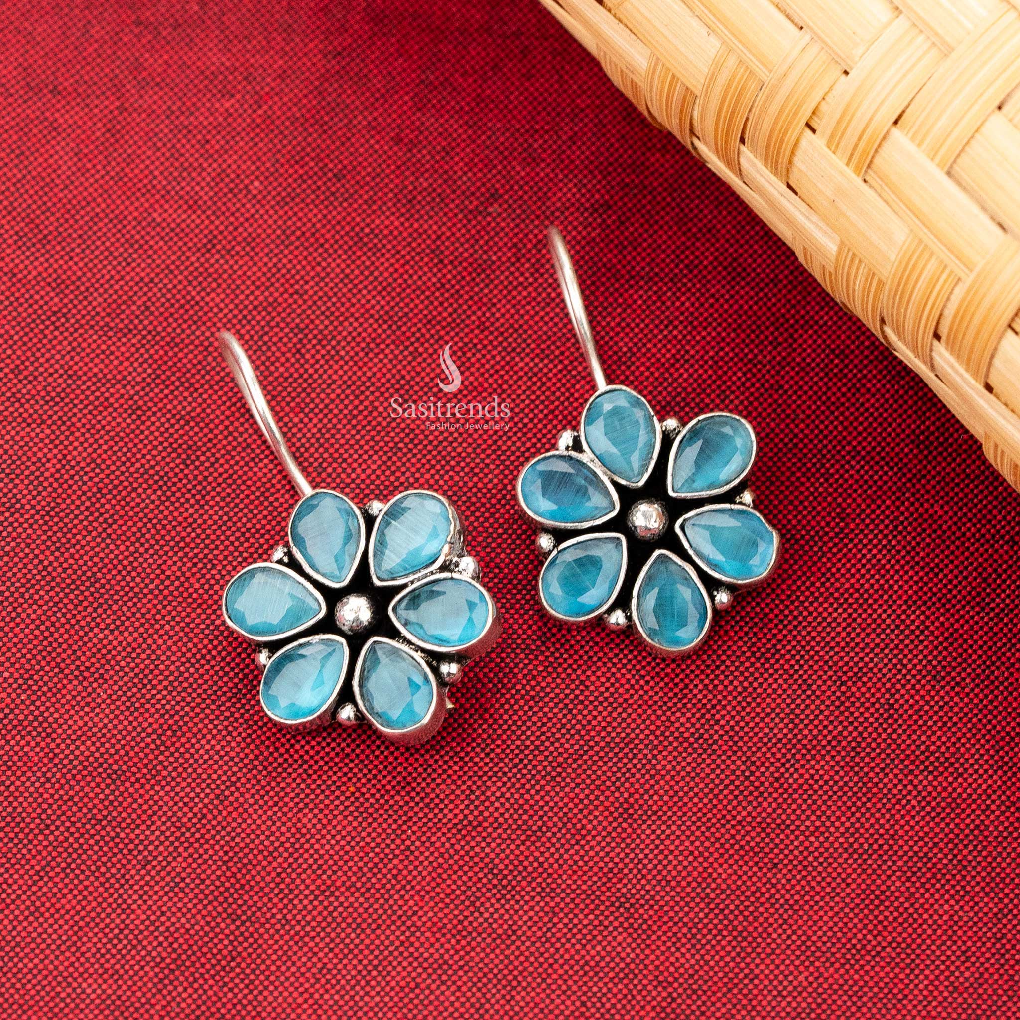 Sasitrends - Floral Oxidised Earrings with Natural Stones - Elegant Drop Design - Image 7