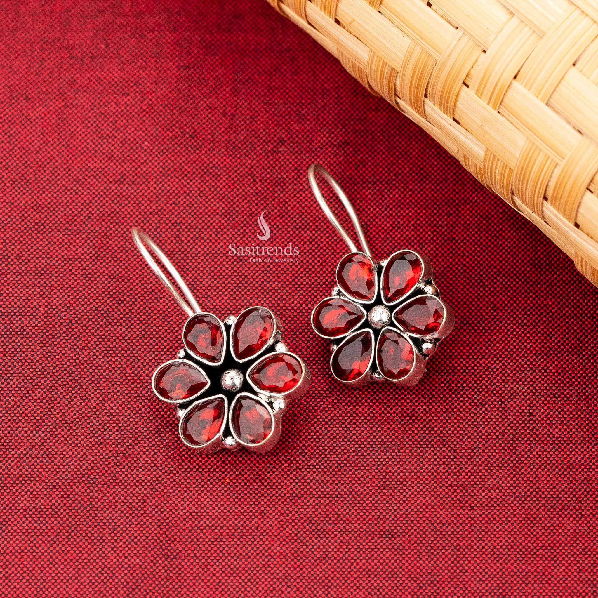 Sasitrends - Floral Oxidised Earrings with Natural Stones - Elegant Drop Design - Image 8