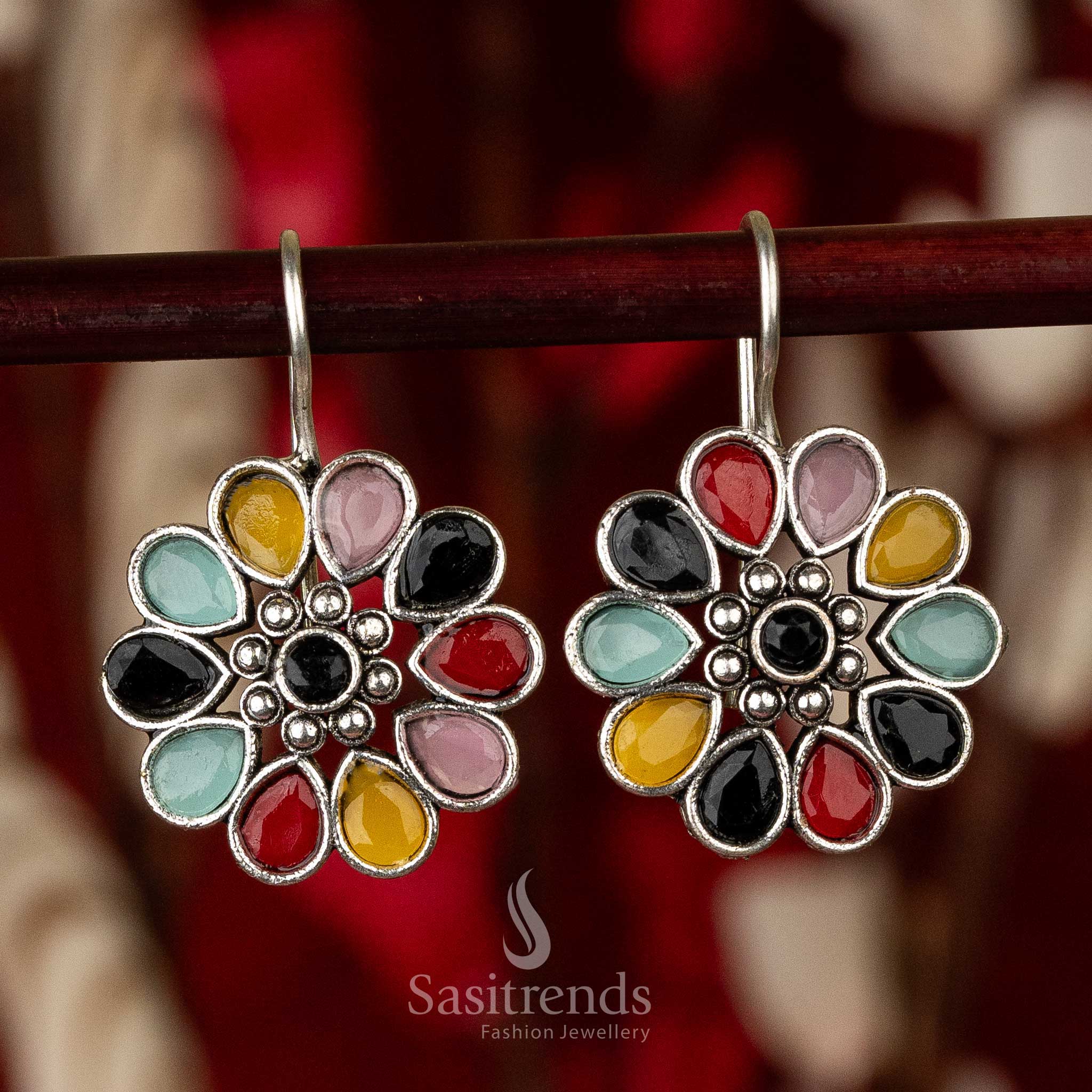 Sasitrends - Elegant Oxidised Silver Floral Earrings with Waterdrop and Round Gemstones - Image 3