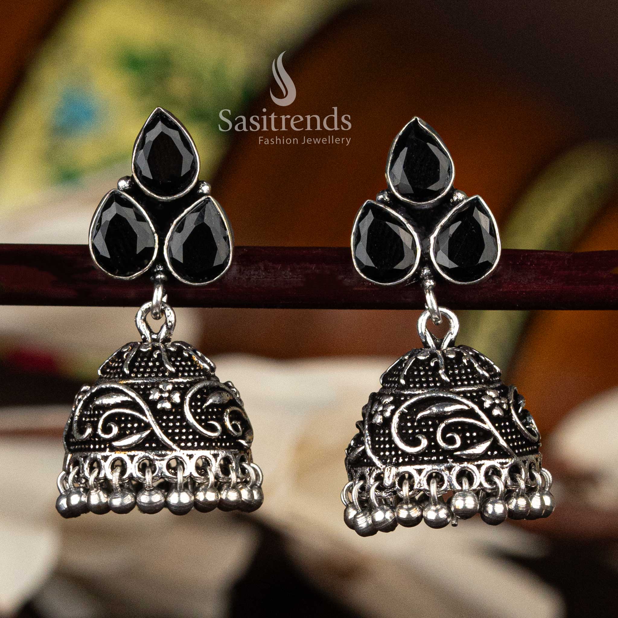Elegant Oxidised Floral Jhumka Earrings with Waterdrop Stone Leaf Tops - Sasitrends - Image 4