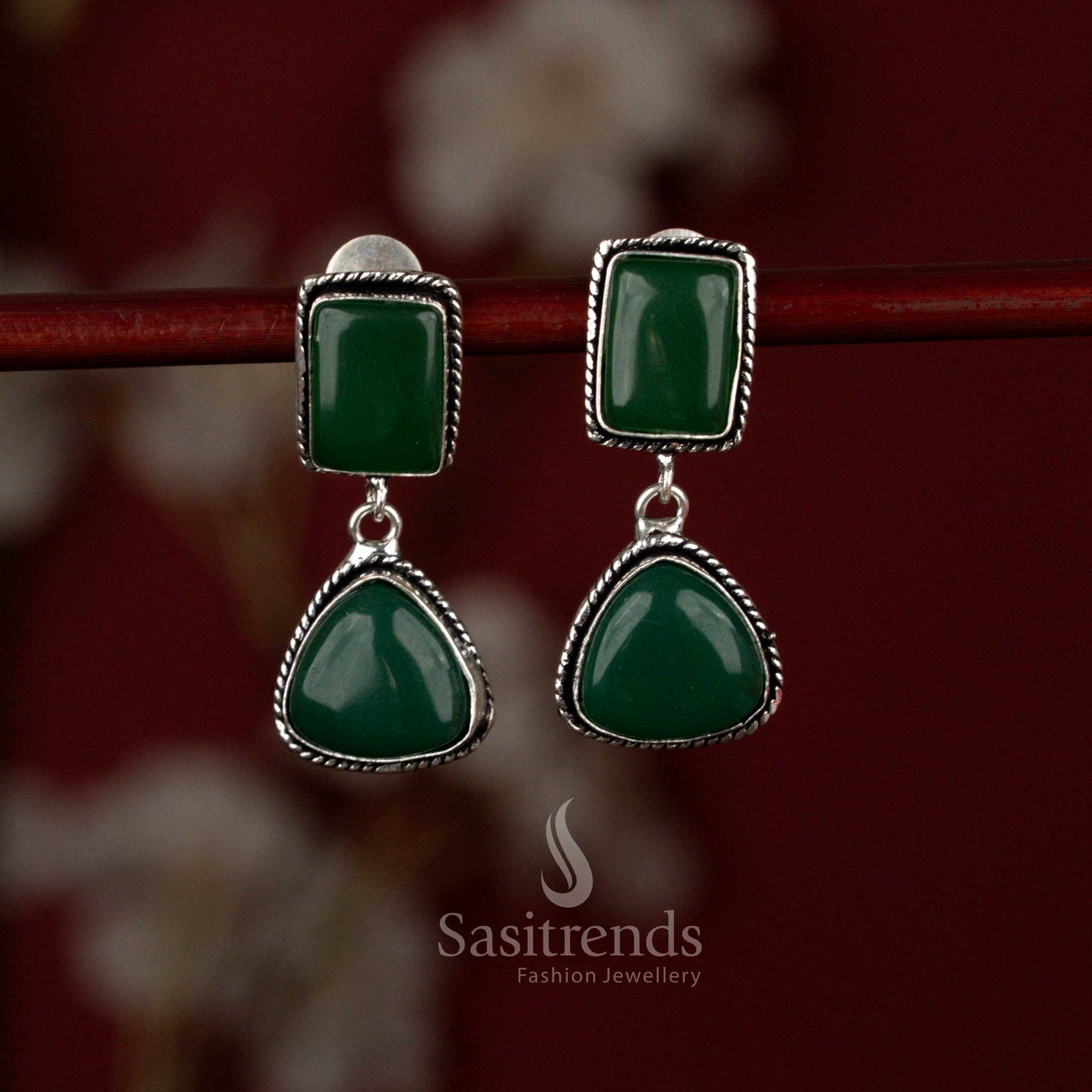 Elegant Oxidised Monalisa Stone Two-Tier Square & Triangular Geometric Dangler Earrings with Pearls for Casual Meetups - Image 7