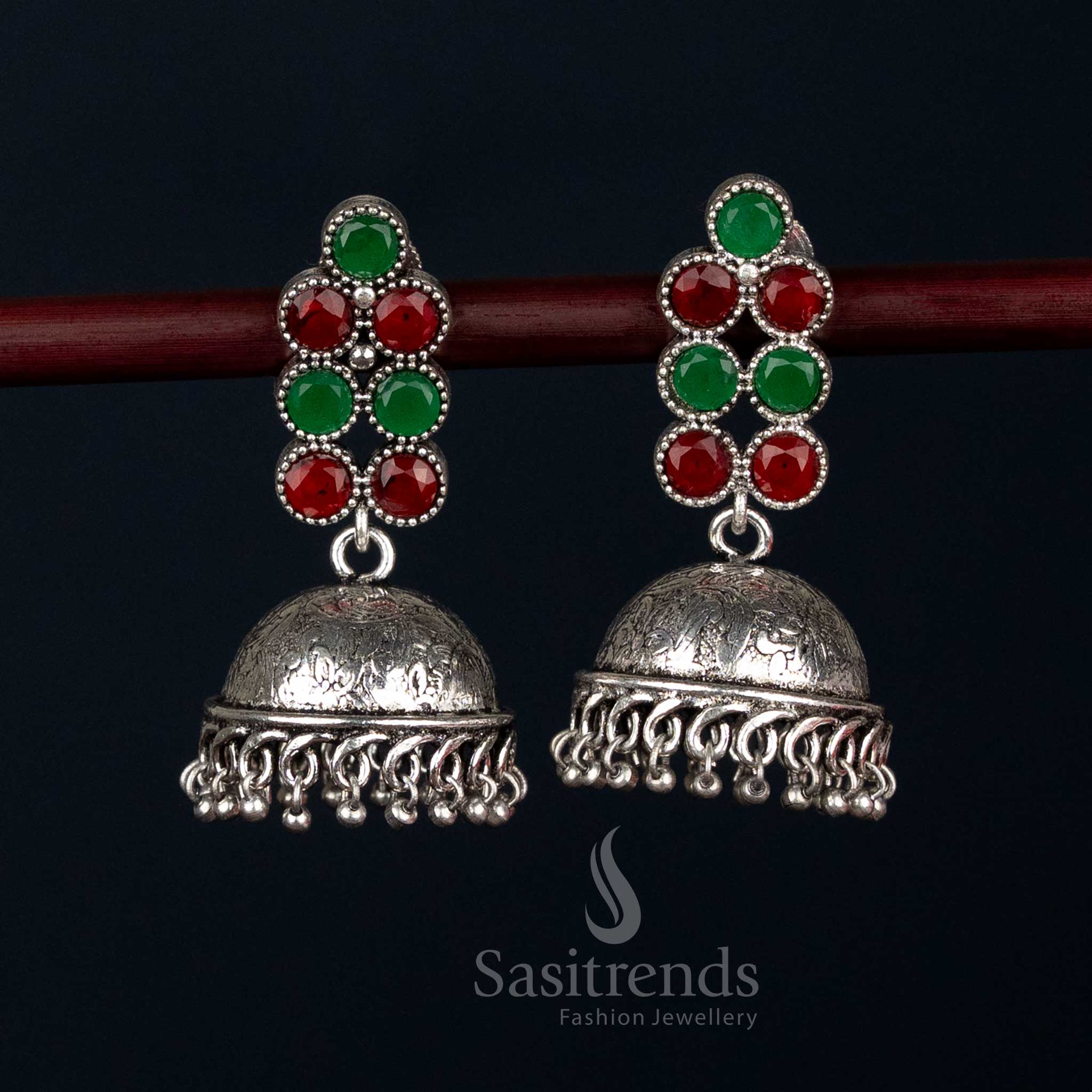 Attractive Oxidised Round Stone Jhumka Earrings for Ethnic Wear