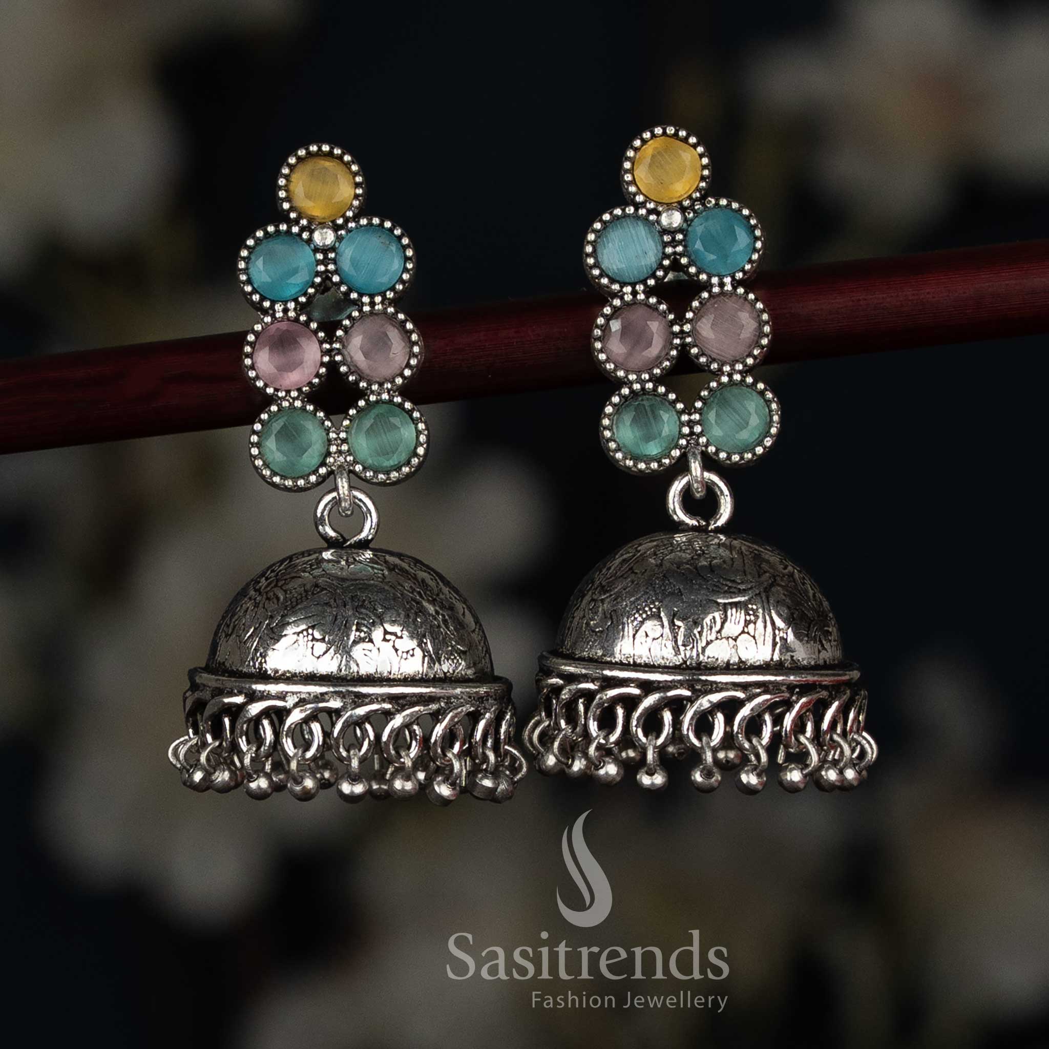 Attractive Oxidised Round Stone Jhumka Earrings for Ethnic Wear - Image 2