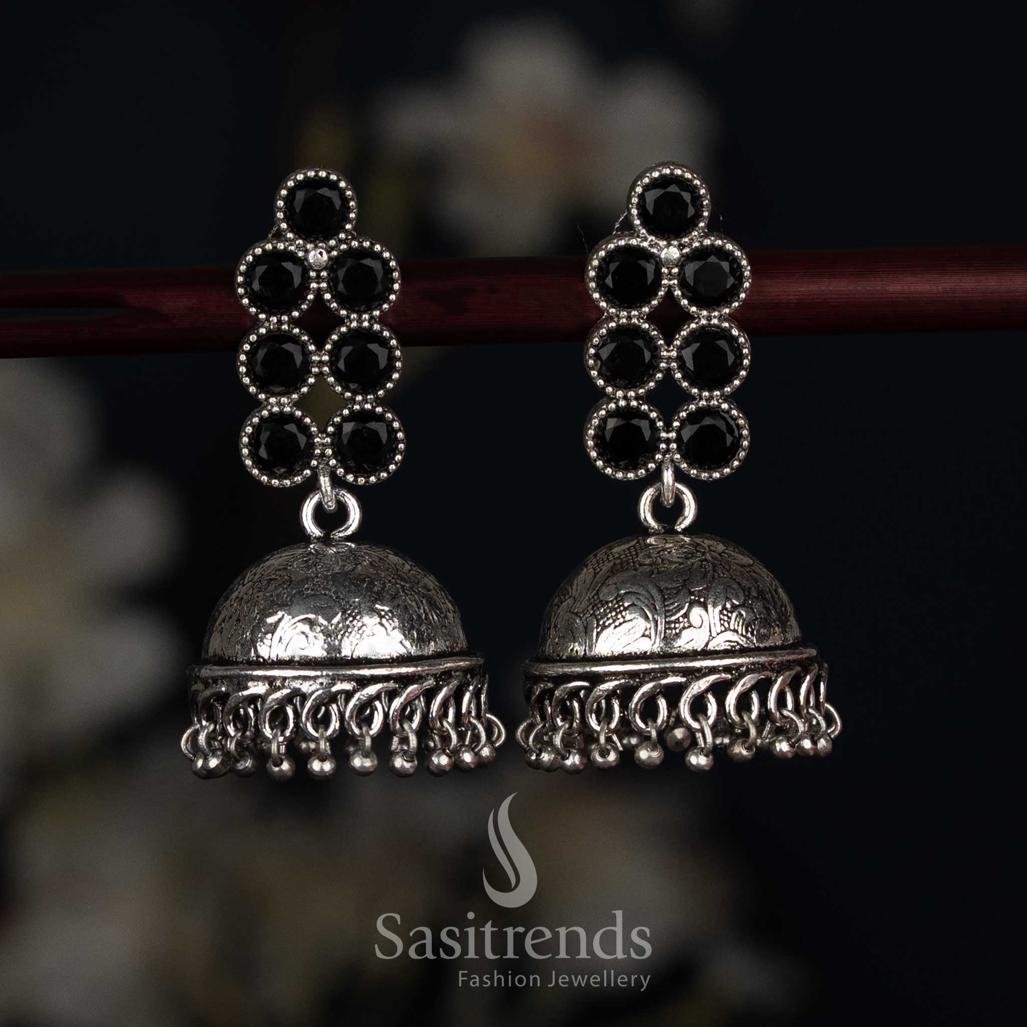 Attractive Oxidised Round Stone Jhumka Earrings for Ethnic Wear - Image 7
