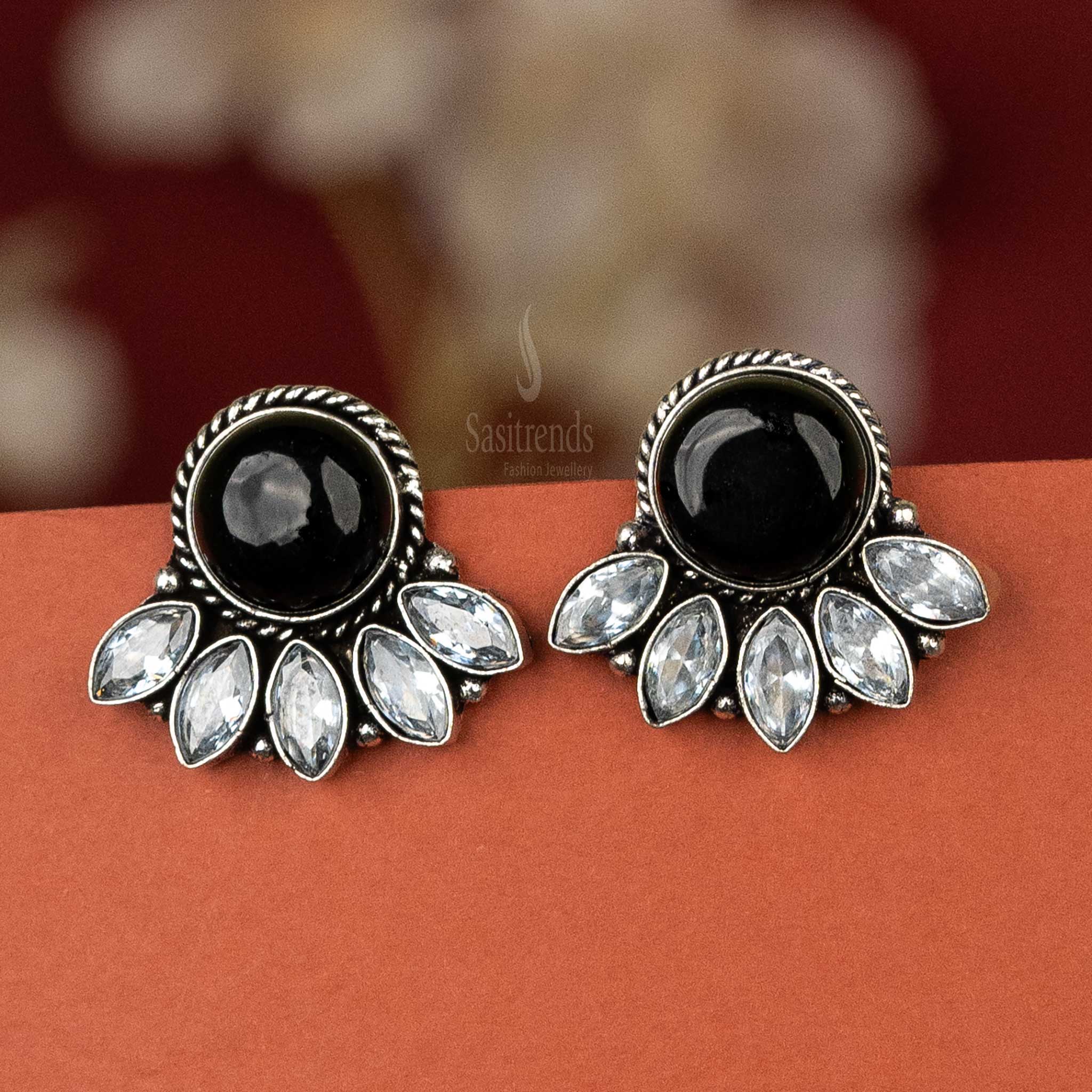 Sasitrends | Elegant Oxidised Silver Earrings with Colourful Cabochon Stones and AD Accents - Image 3