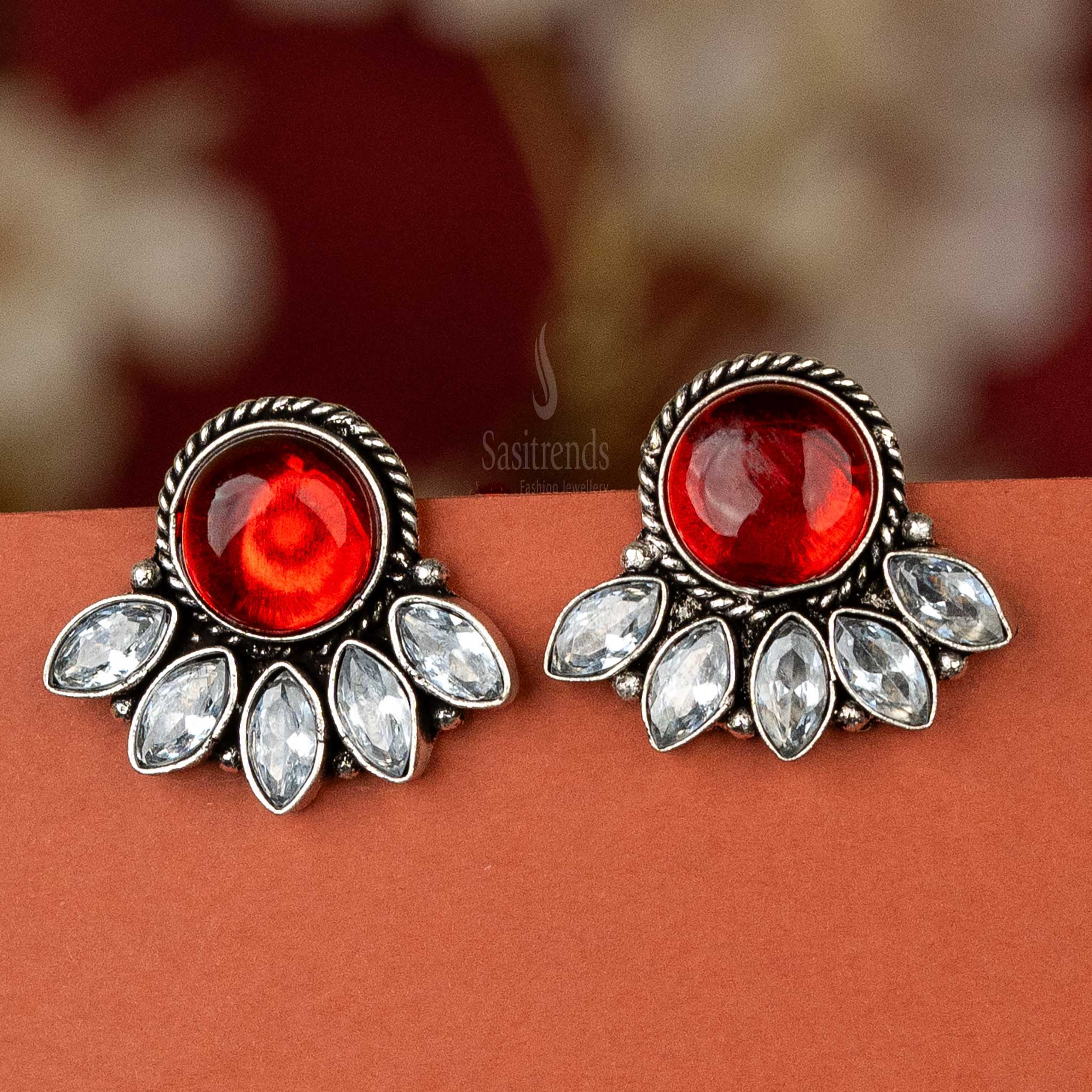 Sasitrends | Elegant Oxidised Silver Earrings with Colourful Cabochon Stones and AD Accents - Image 9