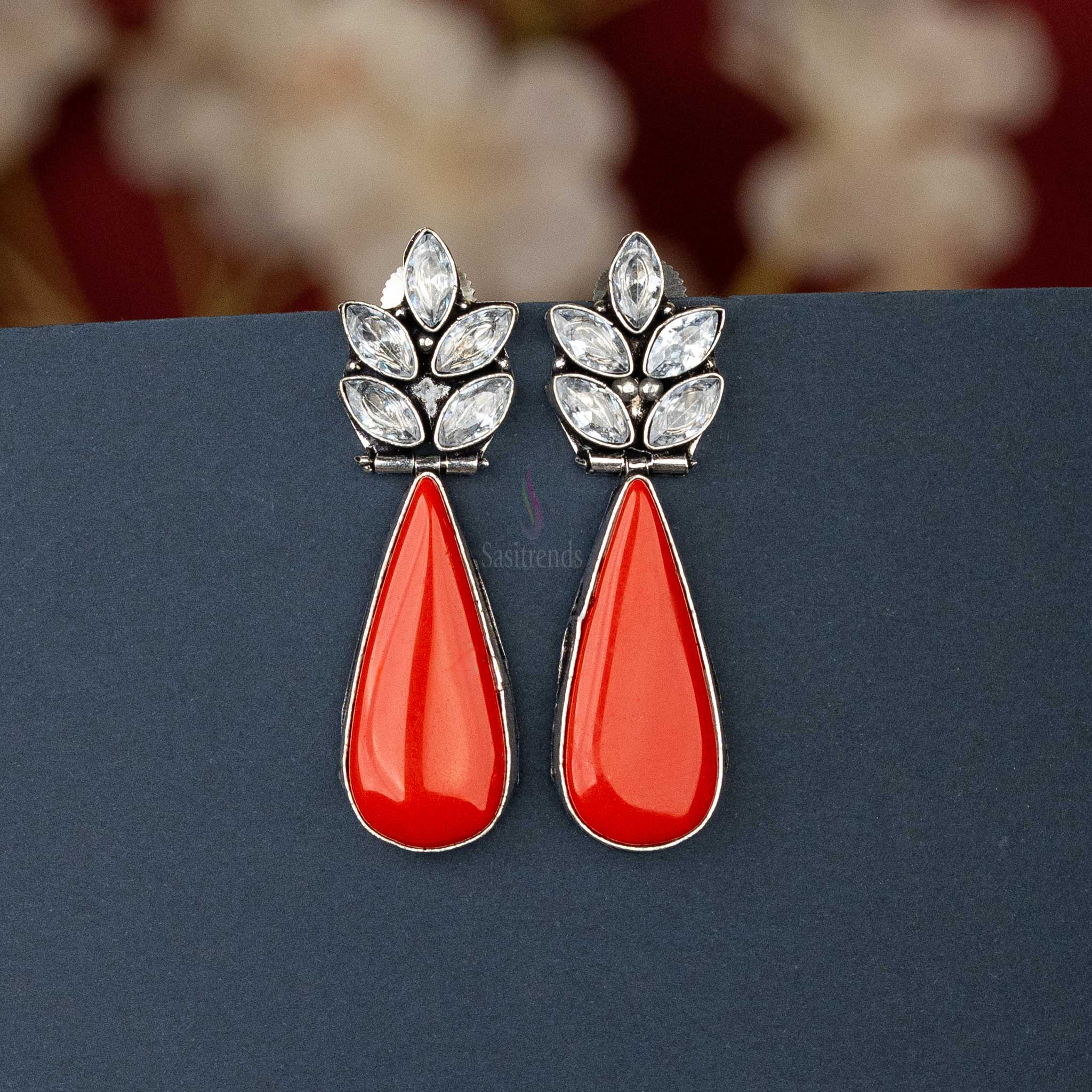 Sasitrends | Elegant Oxidised Silver Earrings with Vibrant Cabochon and AD Stones - Image 4
