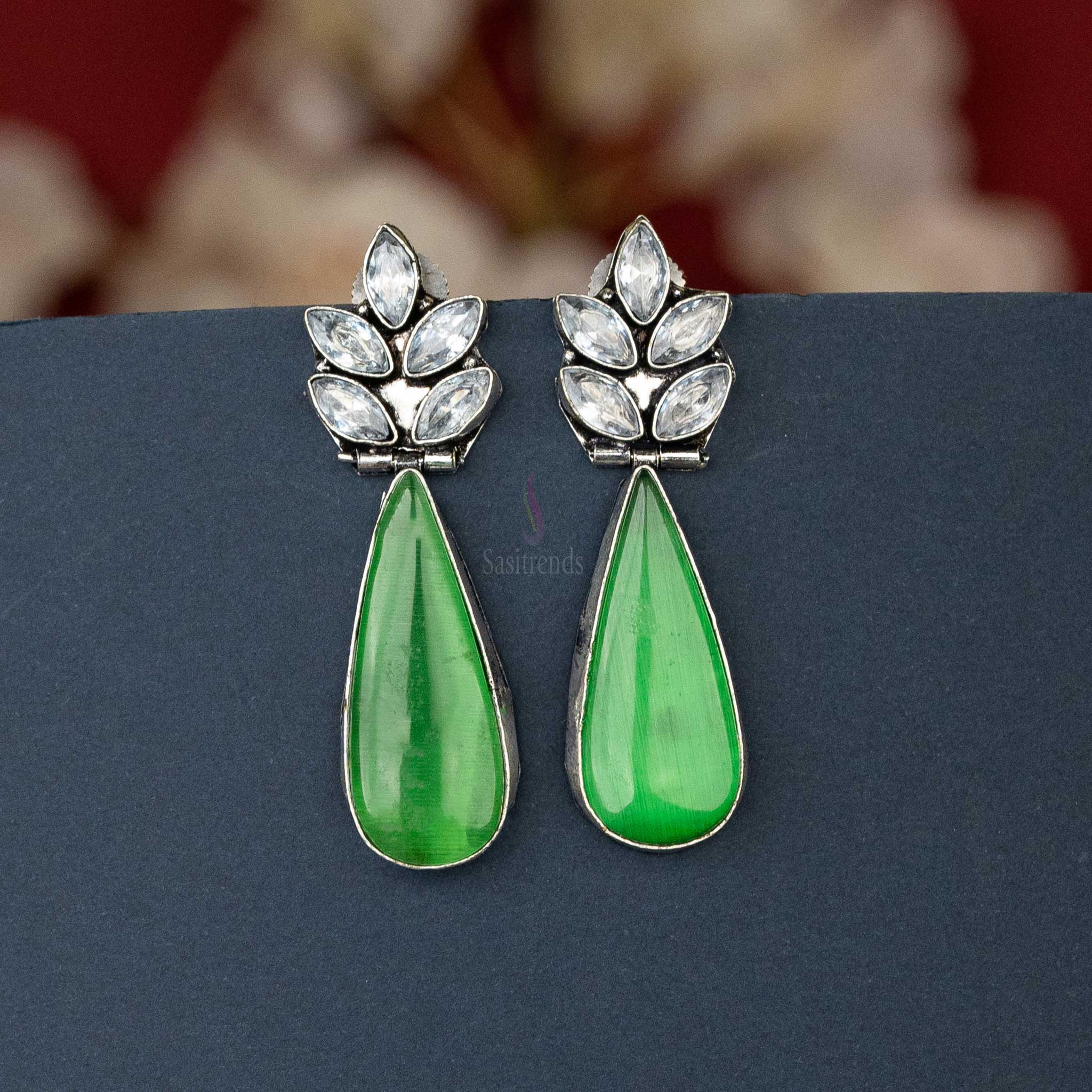 Sasitrends | Elegant Oxidised Silver Earrings with Vibrant Cabochon and AD Stones - Image 5