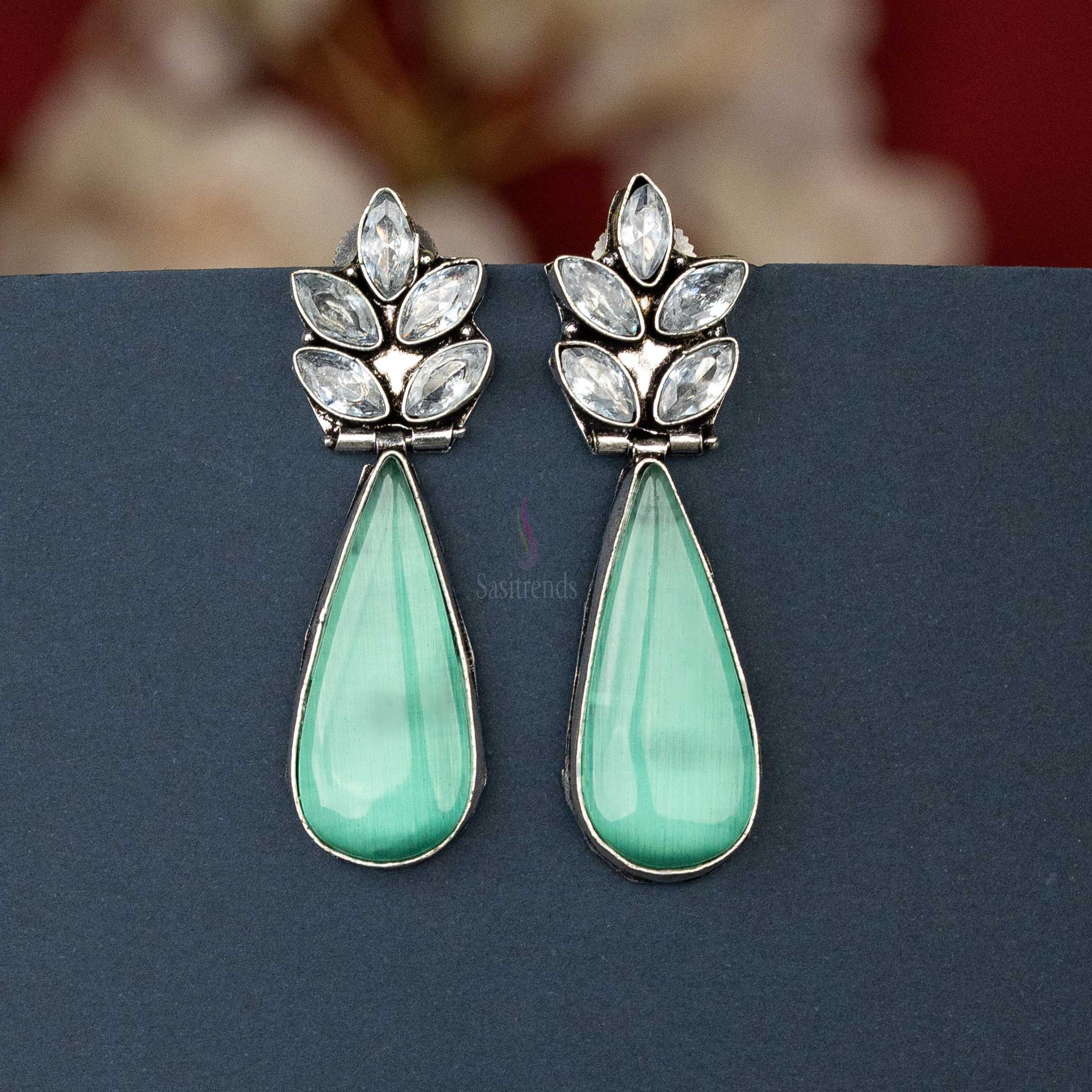 Sasitrends | Elegant Oxidised Silver Earrings with Vibrant Cabochon and AD Stones - Image 6