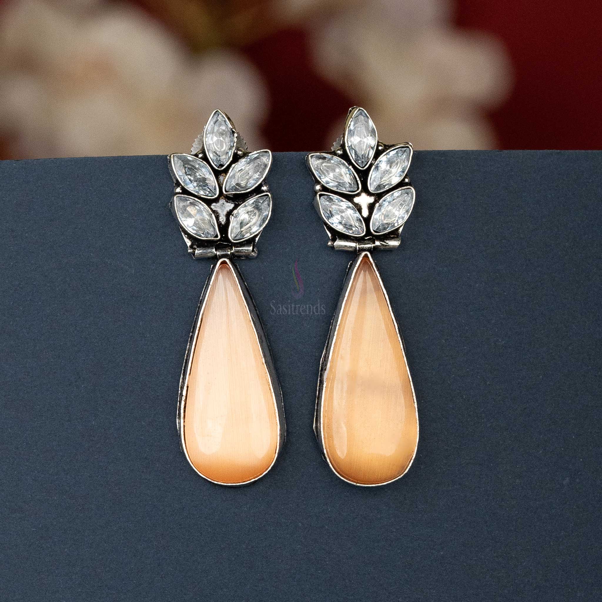 Sasitrends | Elegant Oxidised Silver Earrings with Vibrant Cabochon and AD Stones - Image 7