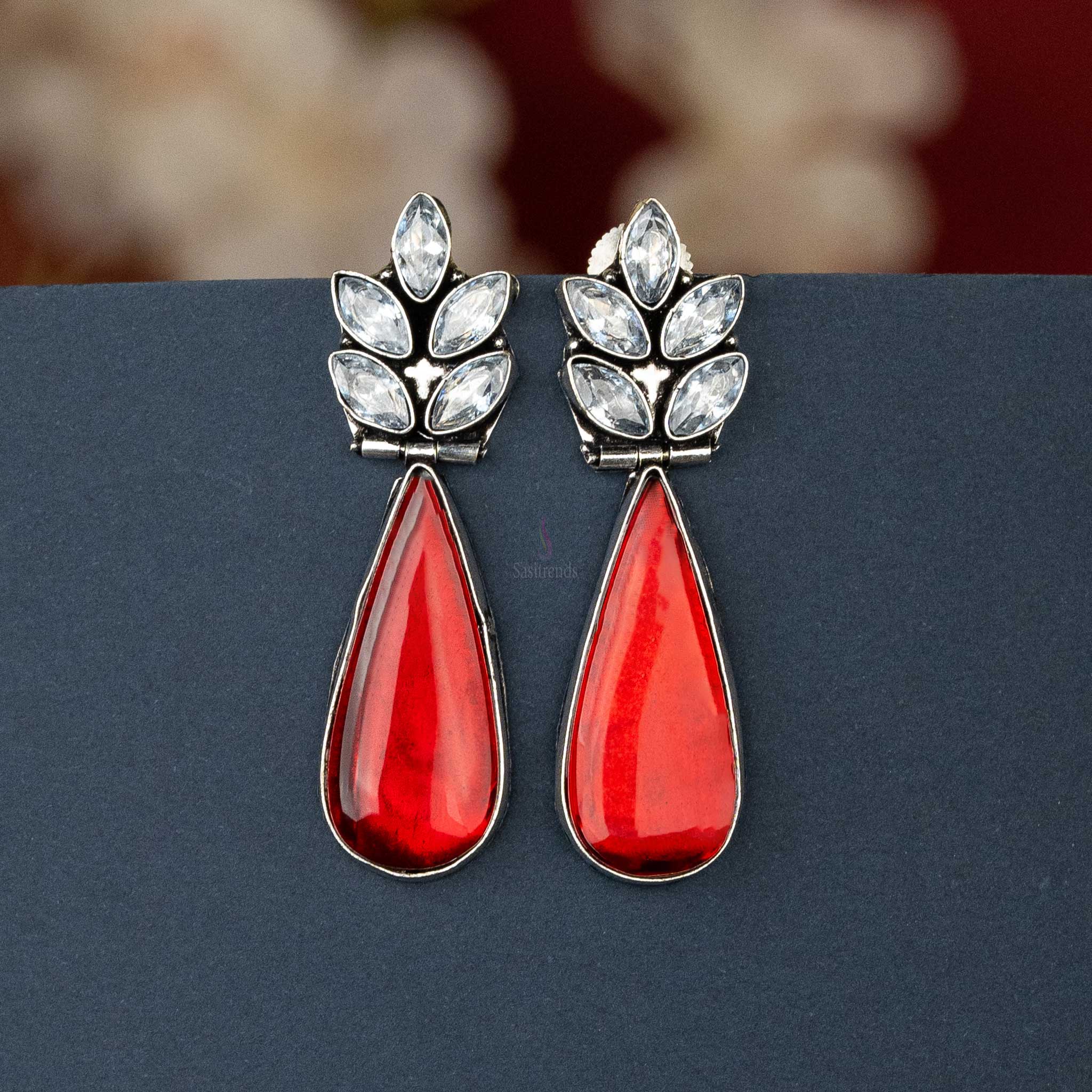 Sasitrends | Elegant Oxidised Silver Earrings with Vibrant Cabochon and AD Stones - Image 9