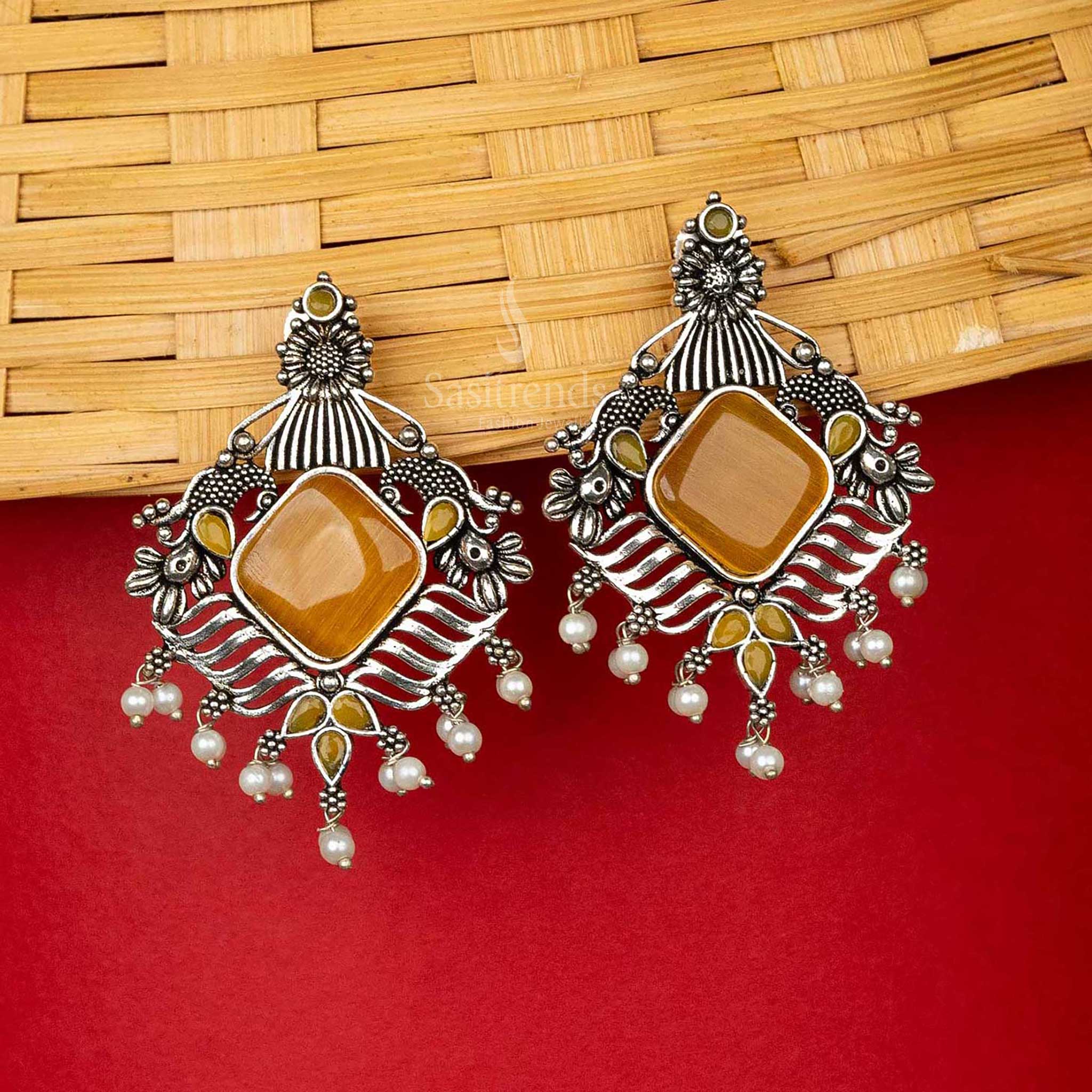 Sasitrends - Exquisite Oxidised Silver Earrings with Pearl Hangings - Image 10