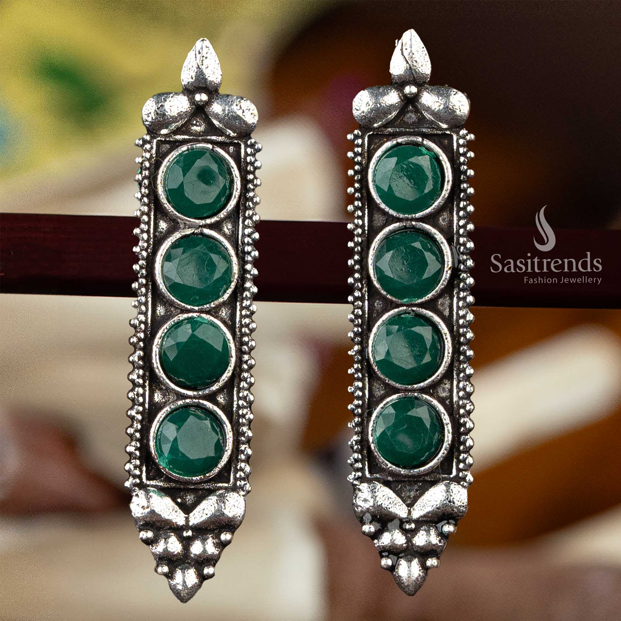 Attractive Oxidised Silver Long Earrings with Colorful Round Stones - Sasitrends - Image 10