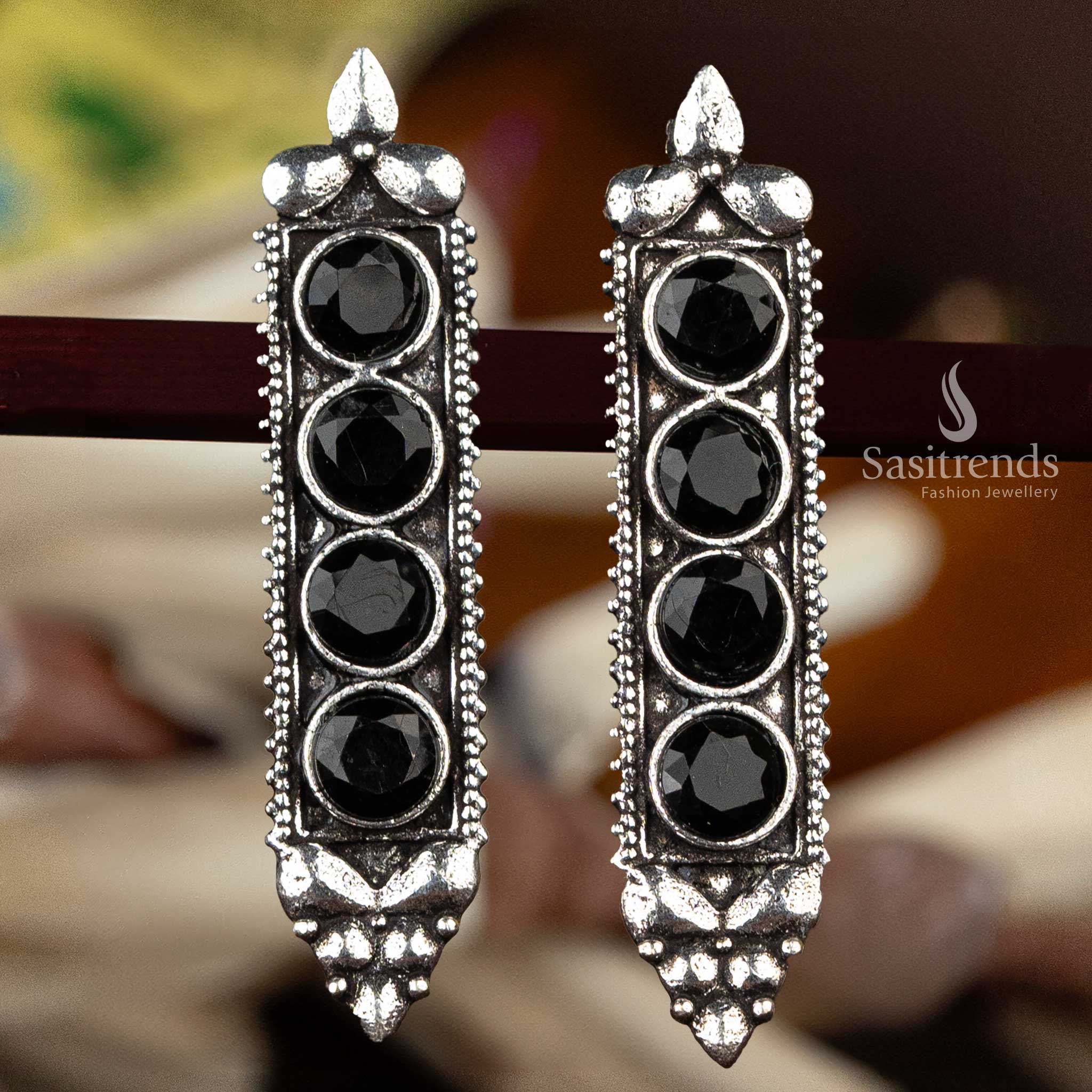 Attractive Oxidised Silver Long Earrings with Colorful Round Stones - Sasitrends - Image 7
