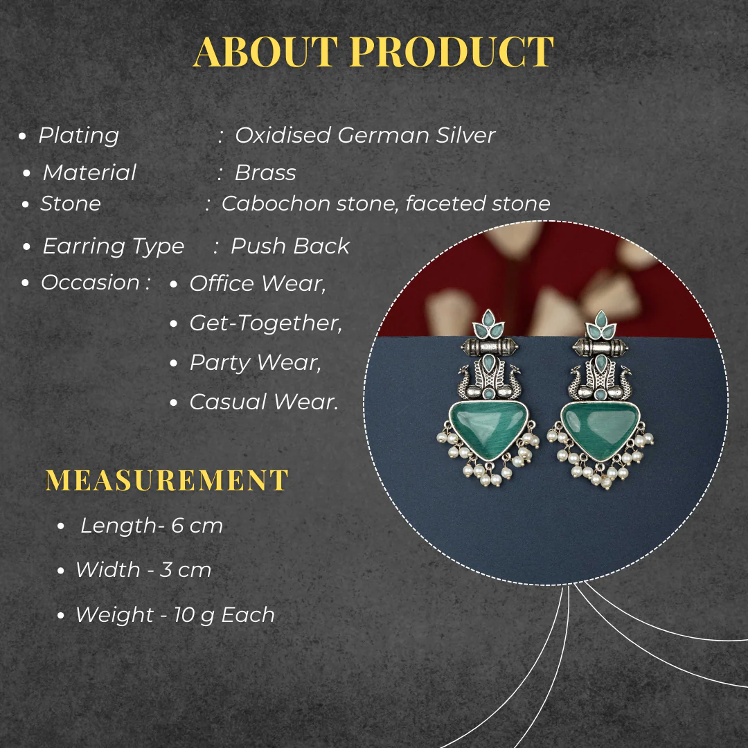 Elegant Oxidised Silver Earrings with Vibrant Cabochon Stones, Peacock Motif, and Pearl Hangings - Sasitrends - Image 2