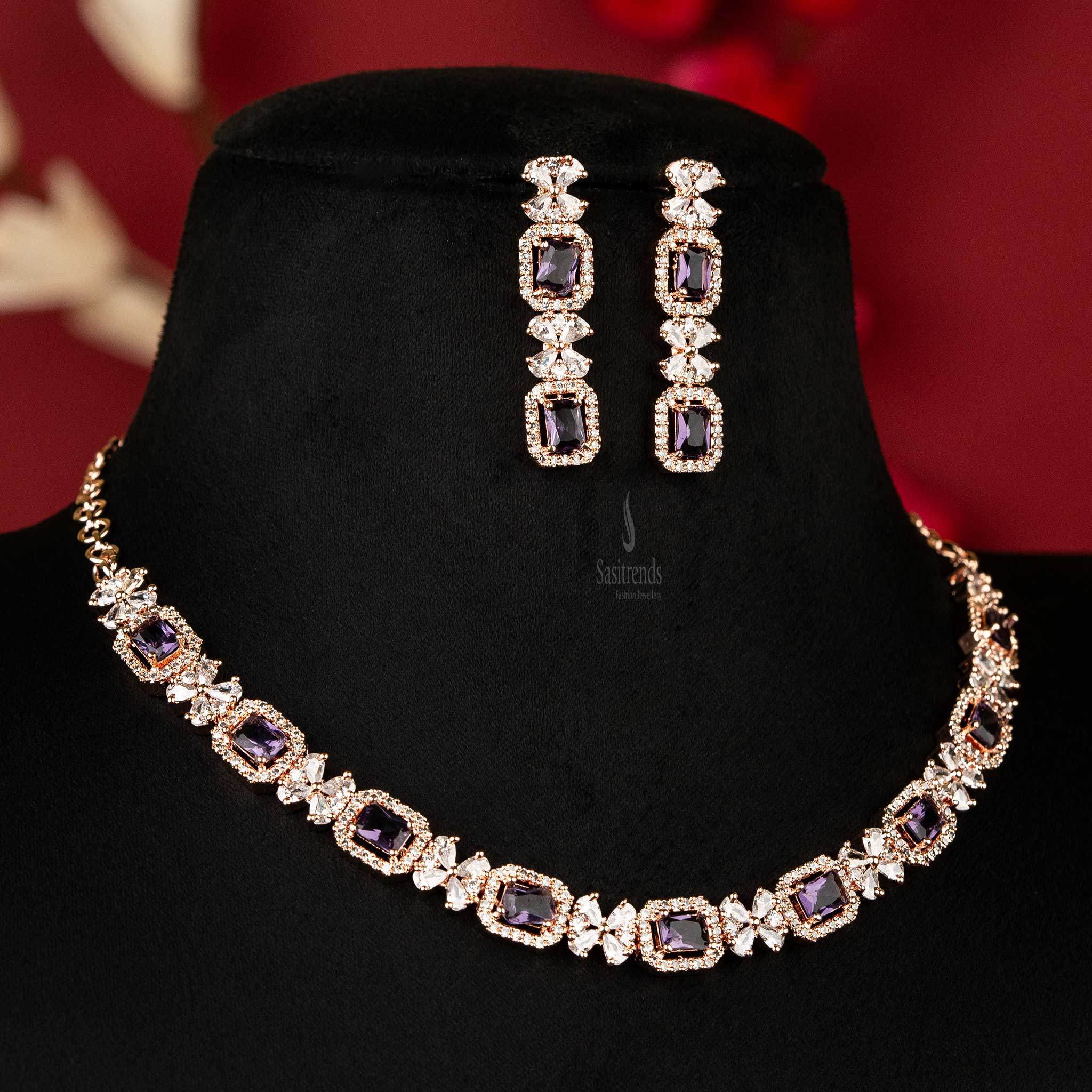 Elegant Party Wear Rose Gold Plated American Diamond Necklace Jewellery Set - Sasitrends - Image 2