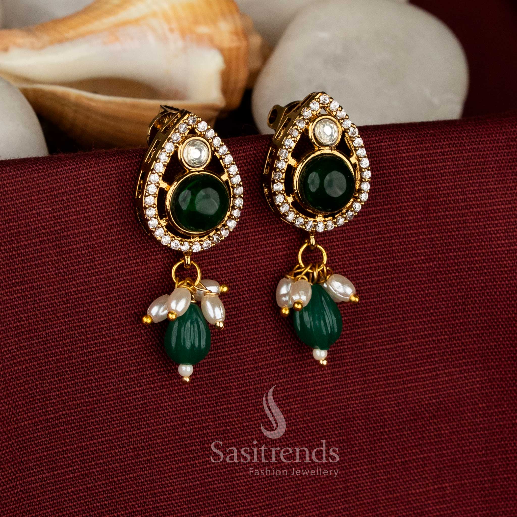 Fascinating Victorian Plated AD Stone Teardrop Earrings with Pearl & Bead Drop Structure | Party & Festive Wear - Image 2