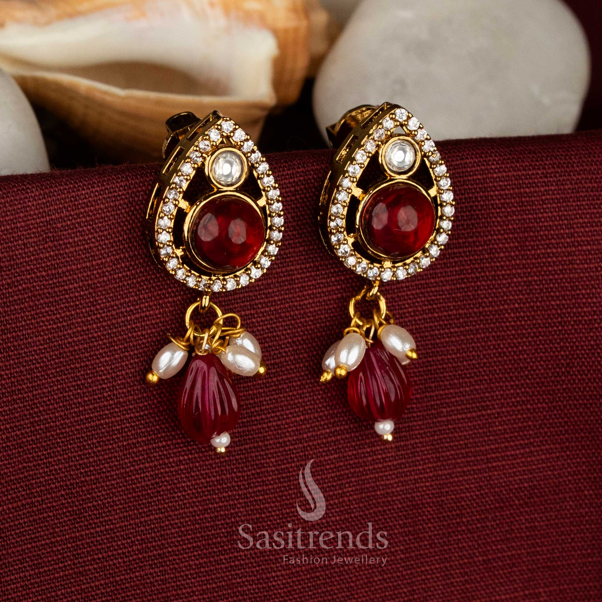 Fascinating Victorian Plated AD Stone Teardrop Earrings with Pearl & Bead Drop Structure | Party & Festive Wear - Image 3