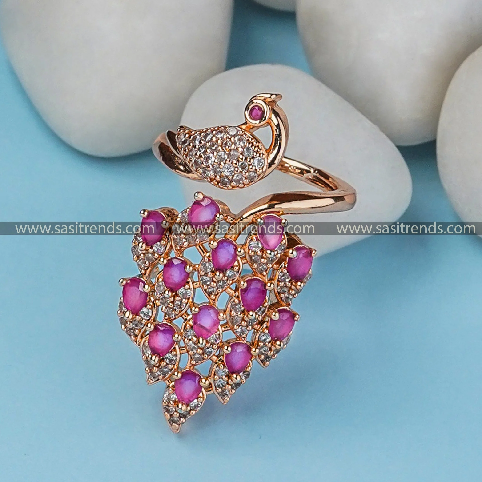 Adjustable Peacock Ring With American Diamond Stones - Bridal Glamour in Rose Gold Plated  | Sasitrends - Image 4