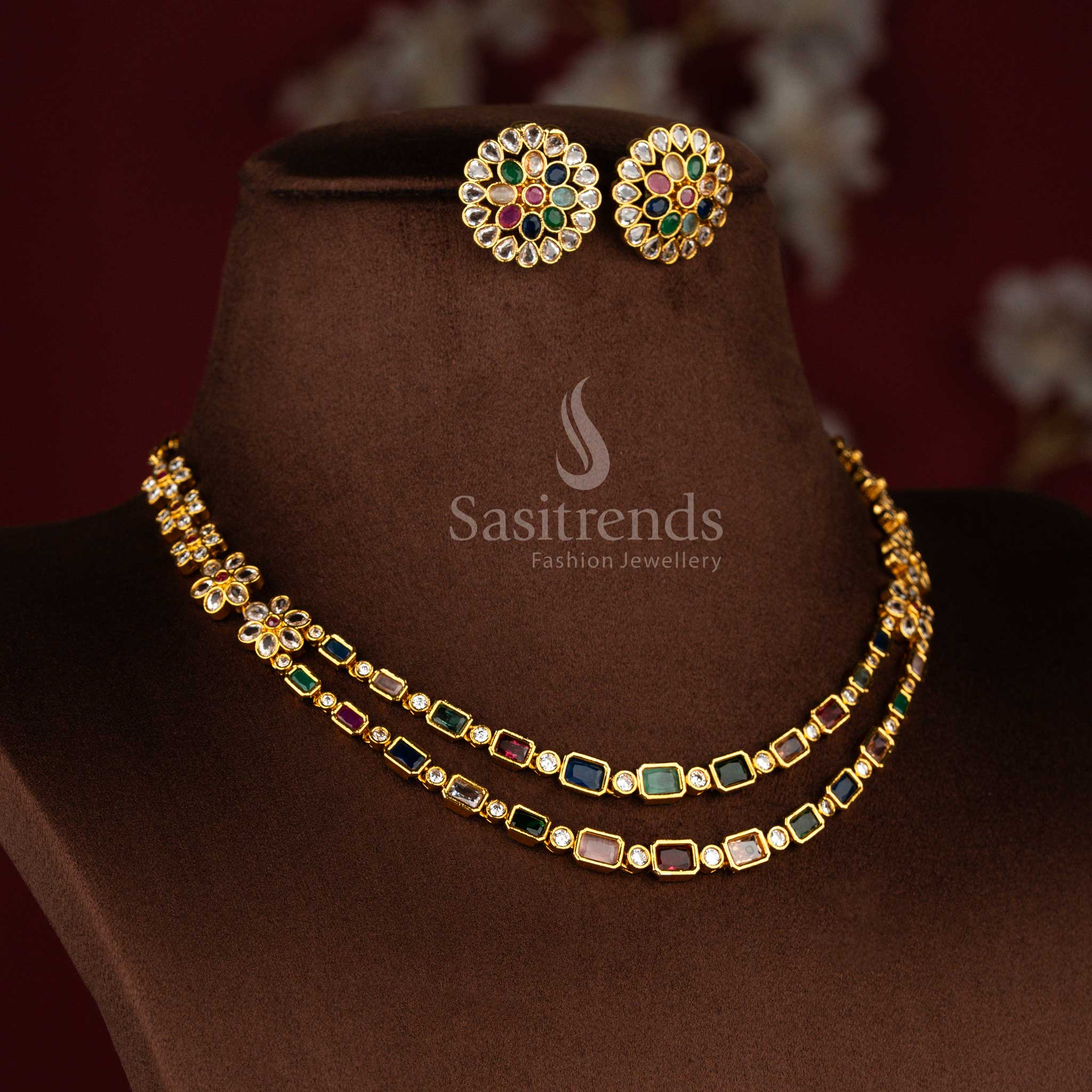 Elegant American Diamond Matte Gold Plated Double-Layer Multi-Color Baguette Floral Stud with Necklace Jewellery Set for Cultural Programs & Saree Styling
