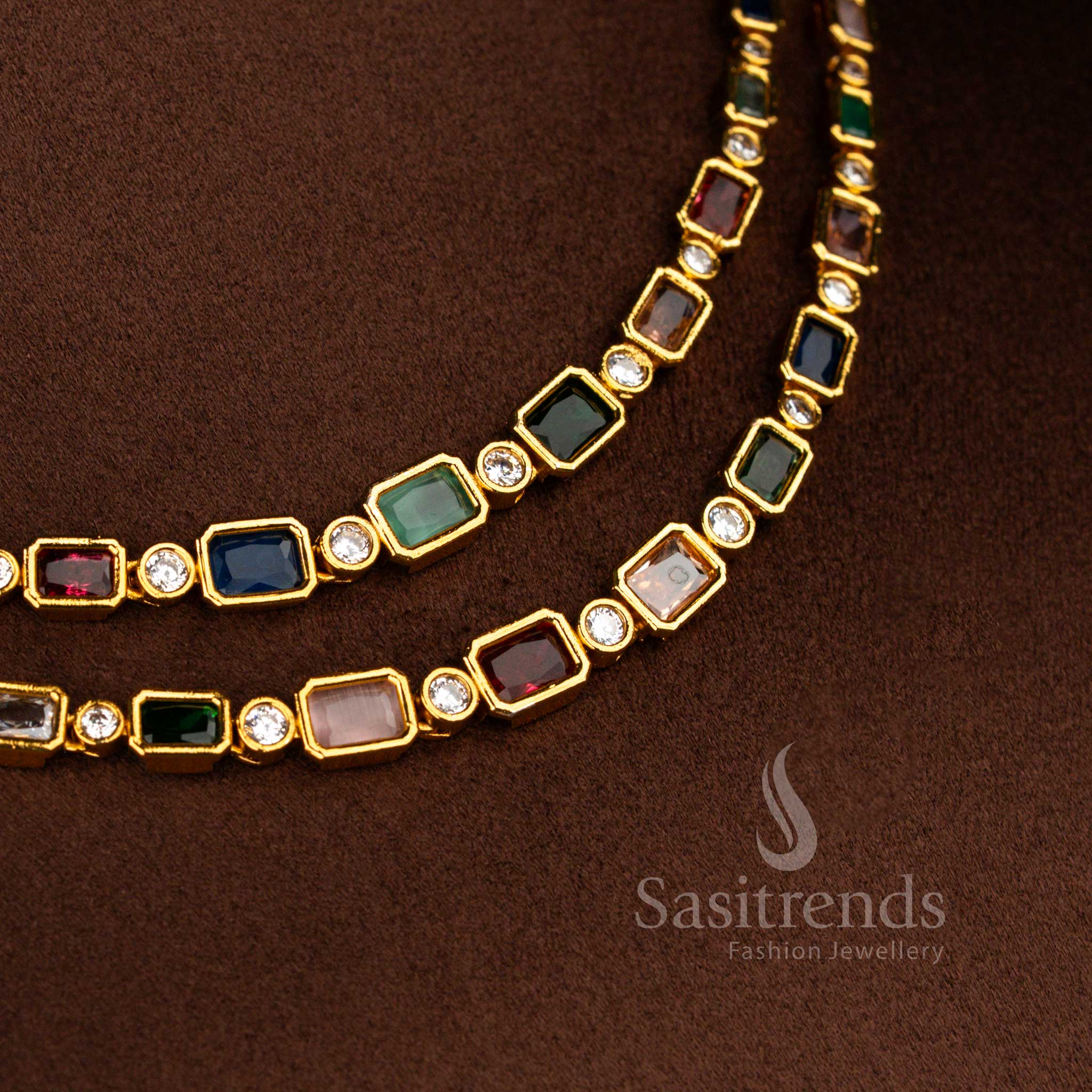 Elegant American Diamond Matte Gold Plated Double-Layer Multi-Color Baguette Floral Stud with Necklace Jewellery Set for Cultural Programs & Saree Styling - Image 2