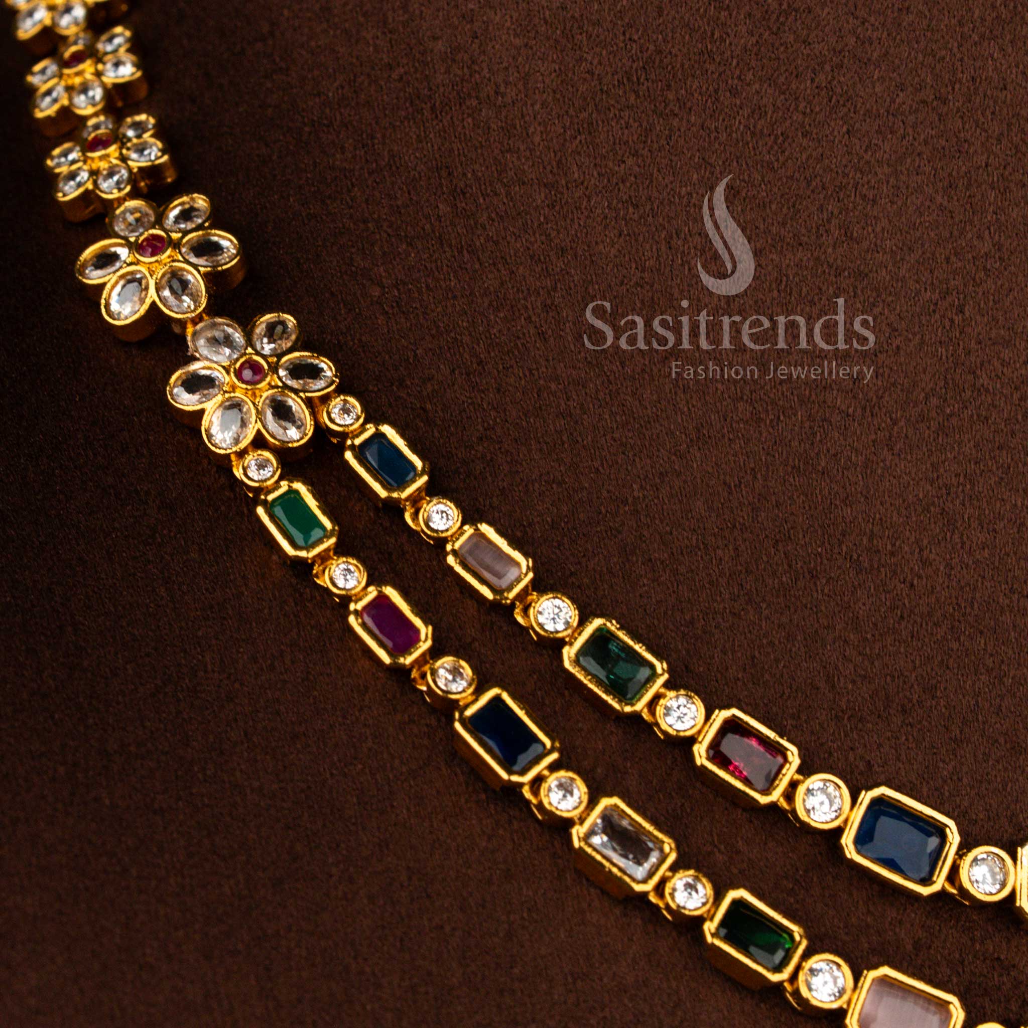 Elegant American Diamond Matte Gold Plated Double-Layer Multi-Color Baguette Floral Stud with Necklace Jewellery Set for Cultural Programs & Saree Styling - Image 3