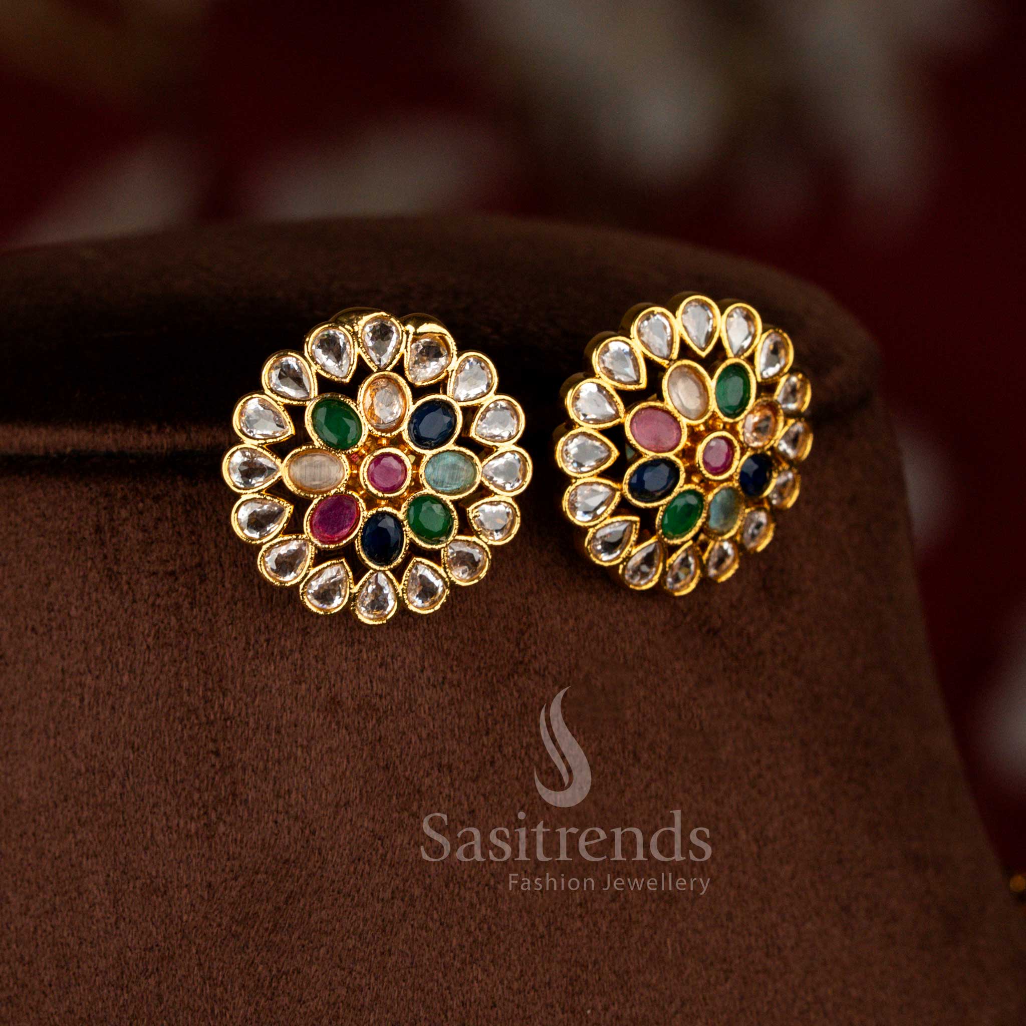 Elegant American Diamond Matte Gold Plated Double-Layer Multi-Color Baguette Floral Stud with Necklace Jewellery Set for Cultural Programs & Saree Styling - Image 4